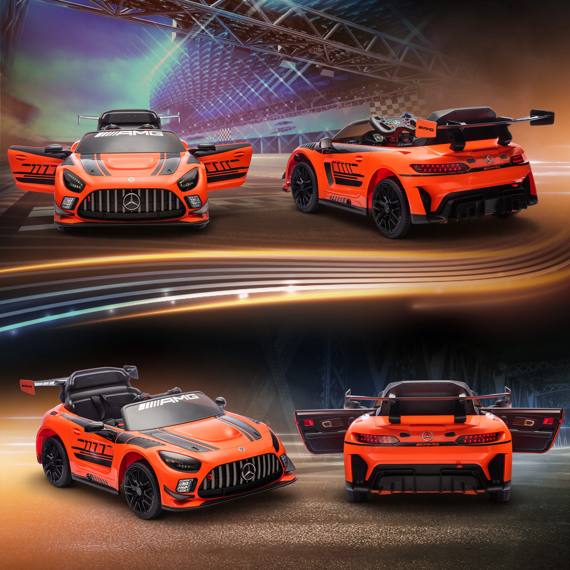 Quattro viste di un'auto giocattolo Mercedes AMG arancione con porte aperte. Sfondo pista da corsa.