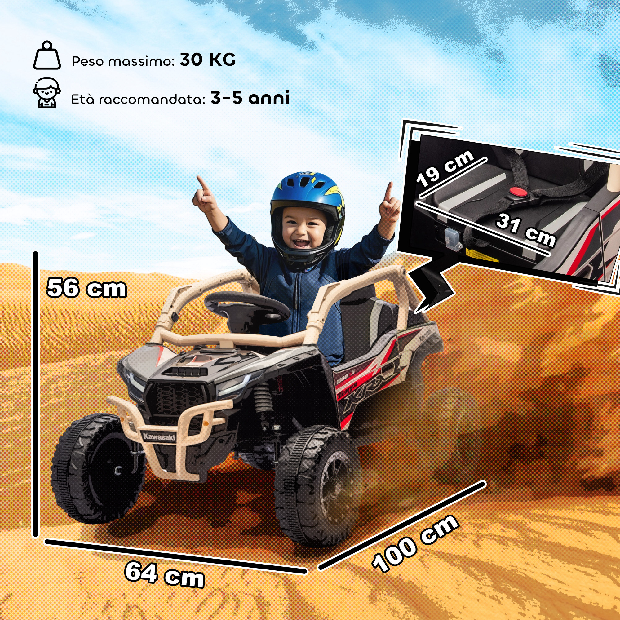 Un bambino con casco blu guida un quad giallo e nero sulla sabbia.