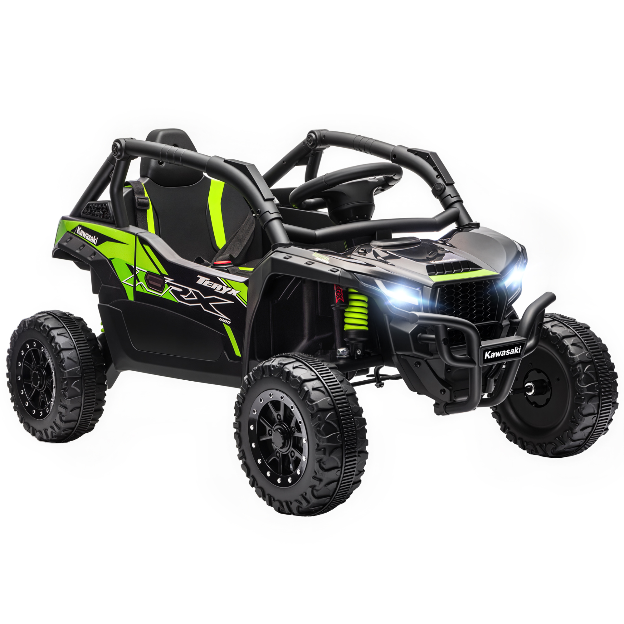Un ATV nero per bambini con accenti verdi e marchio Kawasaki.