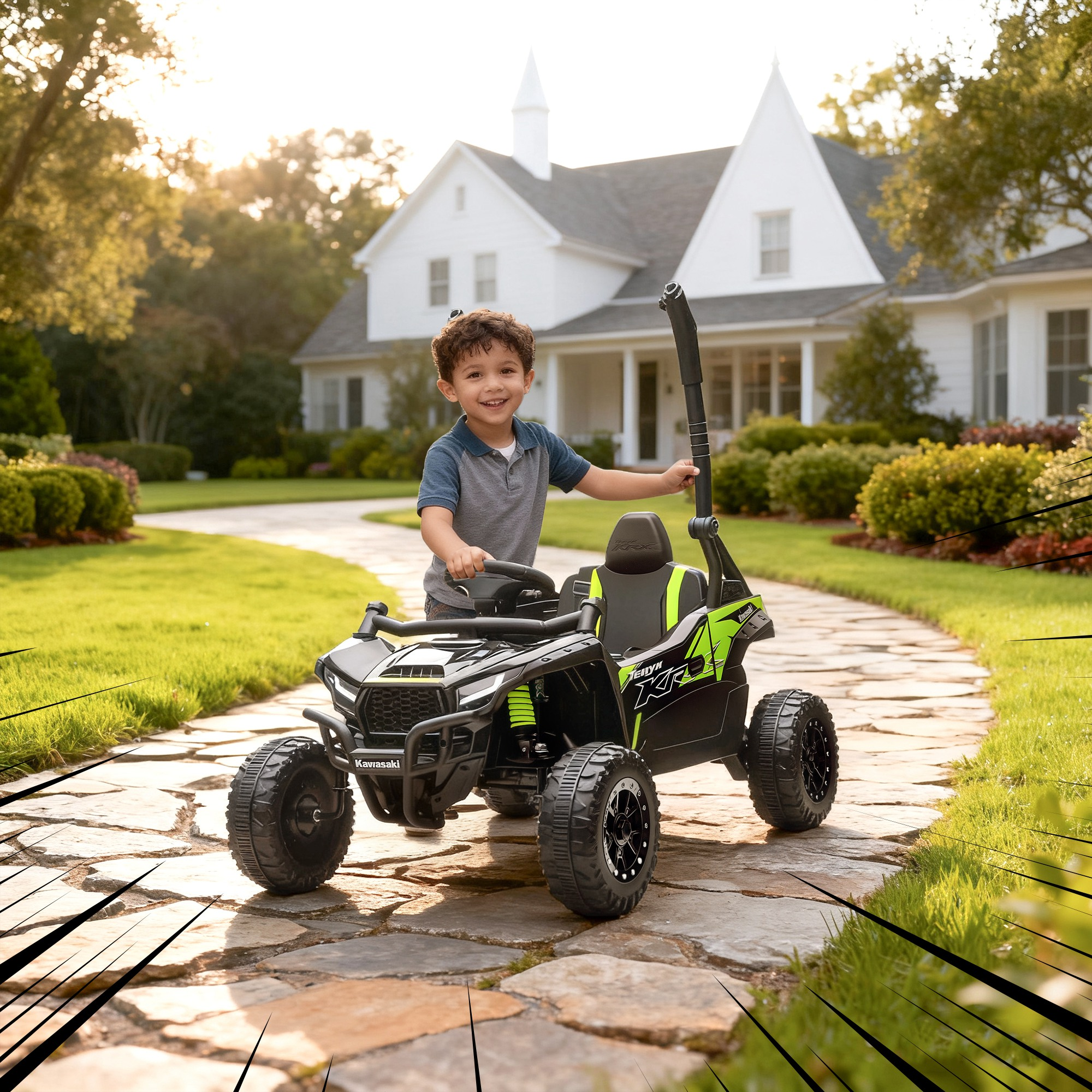 Un bambino sorride in un'auto elettrica nera e verde davanti a una casa.