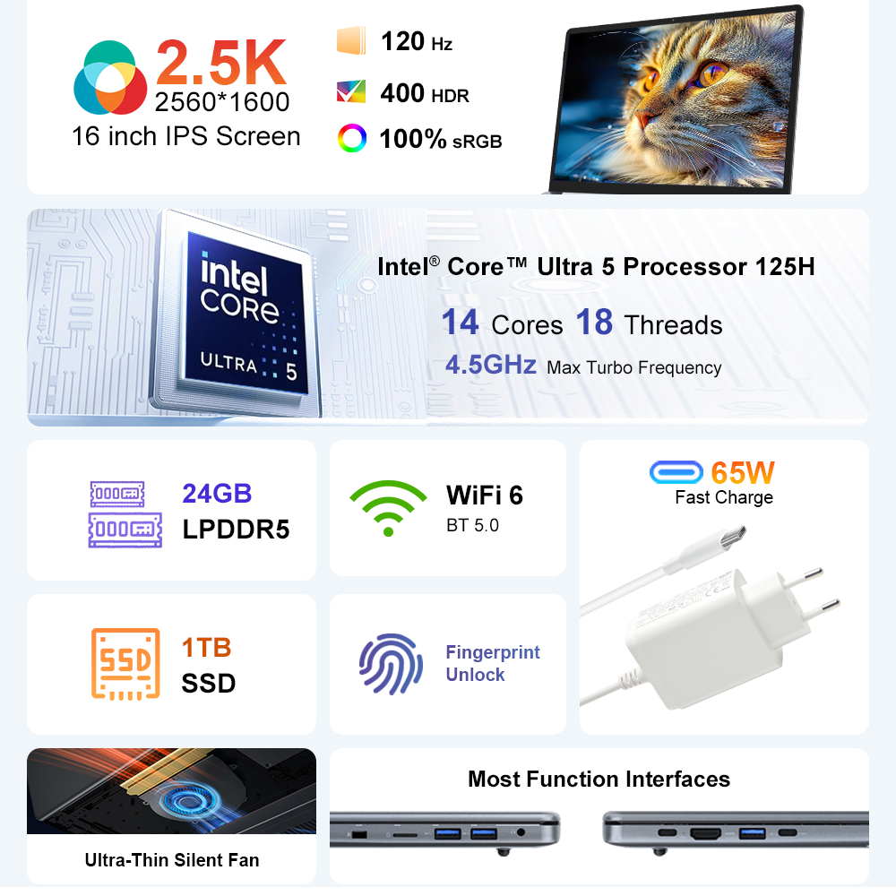 Especificaciones del portátil: pantalla 2,5K, Intel Core Ultra 5, 24GB RAM, SSD 1TB, WiFi 6.