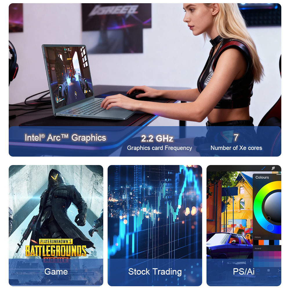 Mujer juega en portátil con gráficos Intel Arc, 2,2 GHz, 7 núcleos Xe.
