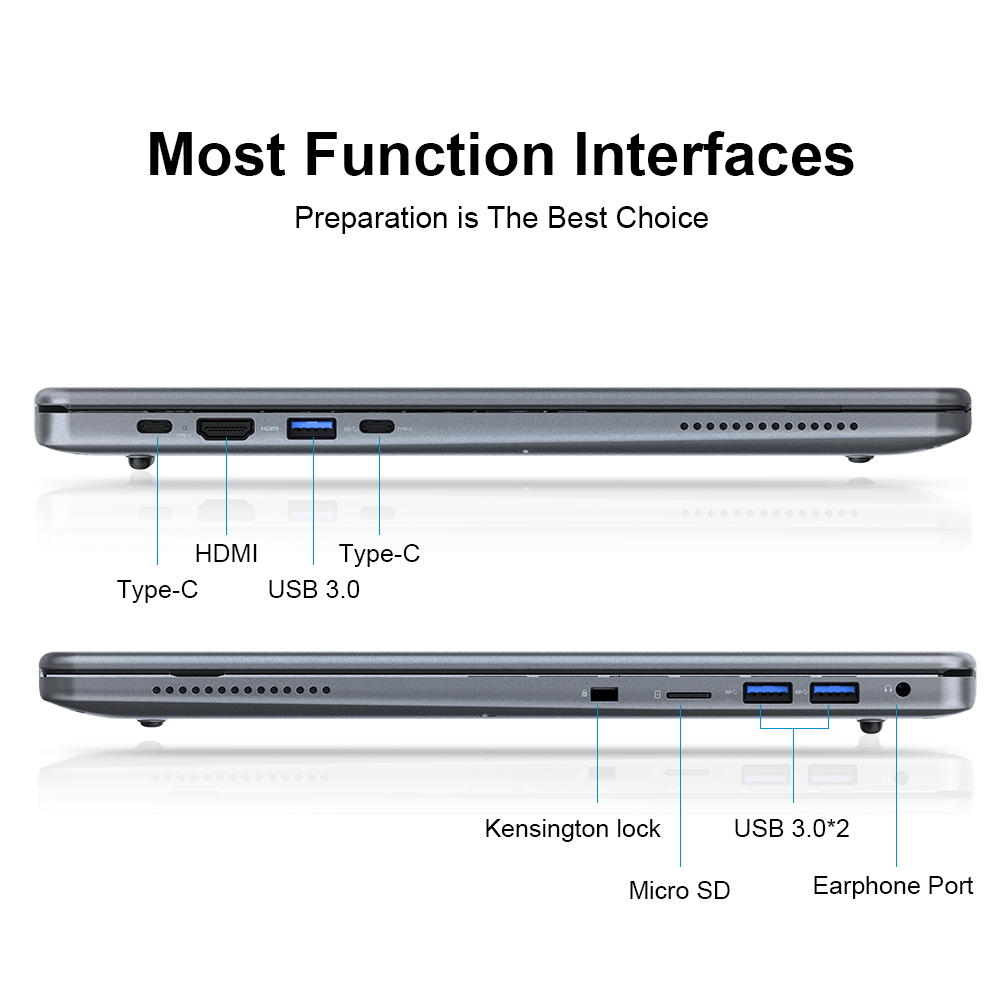Un portátil con puertos etiquetados: HDMI, USB 3.0, Tipo-C, bloqueo Kensington, Micro SD, Auriculares.