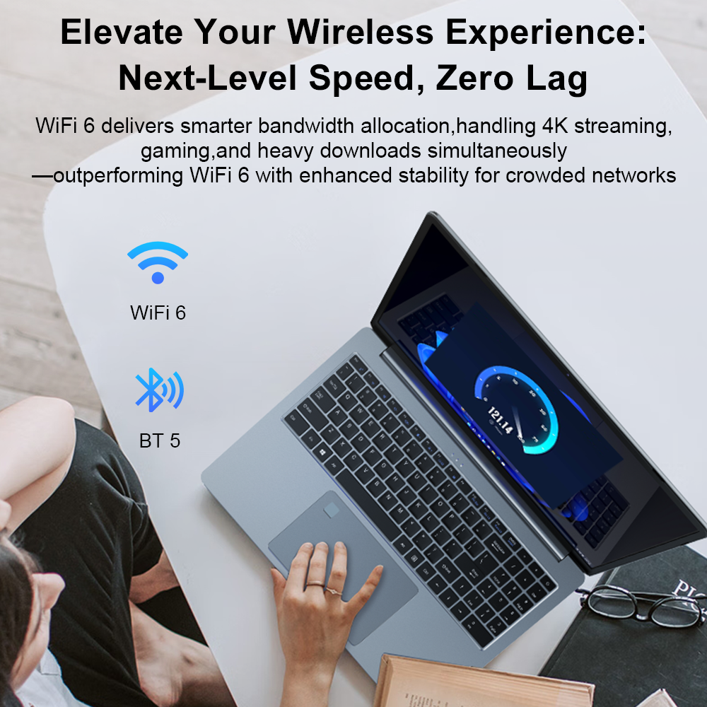 Portátil con iconos WiFi 6 y BT 5, texto sobre velocidad.