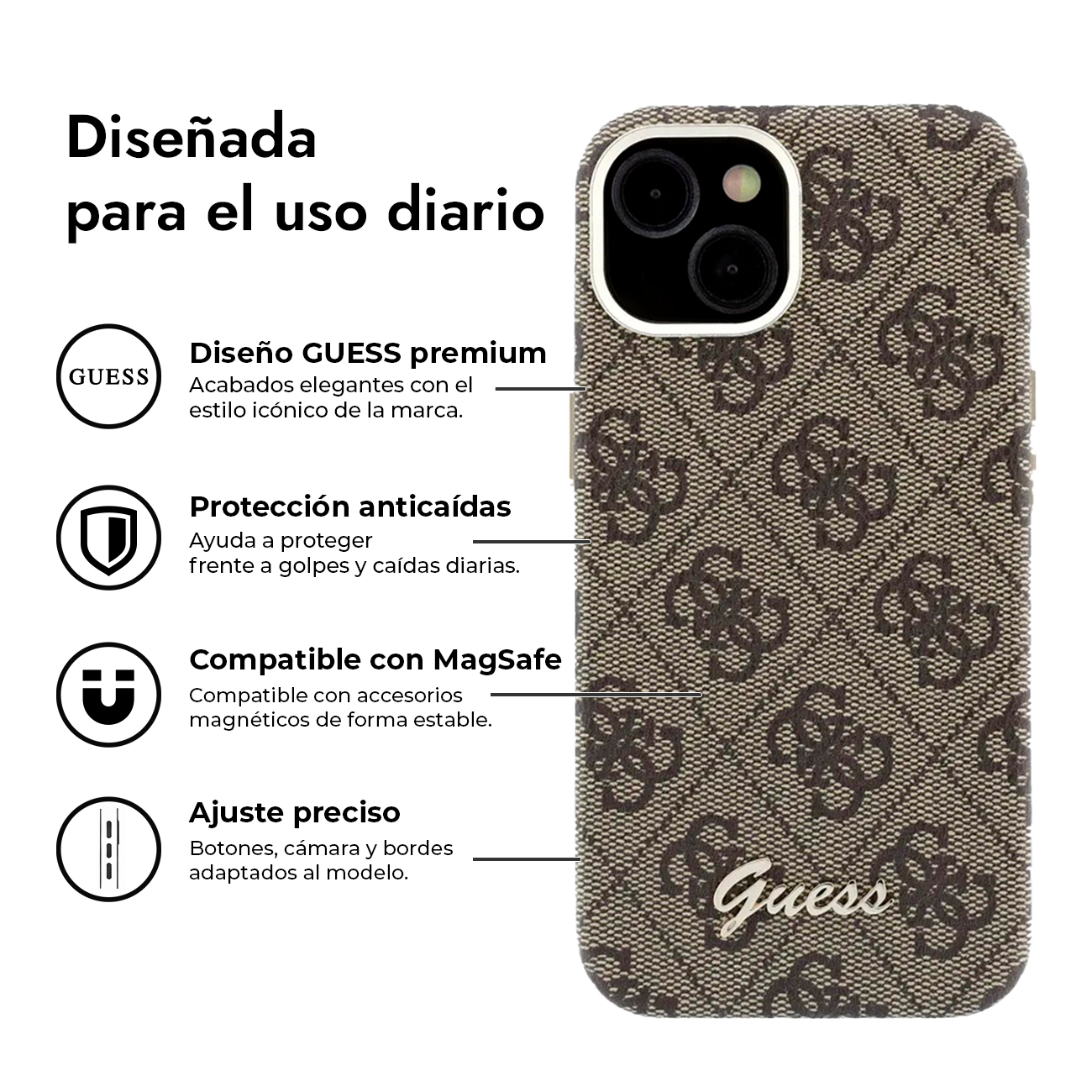 Funda de teléfono Guess marrón con patrón de logo repetido y recorte de cámara.