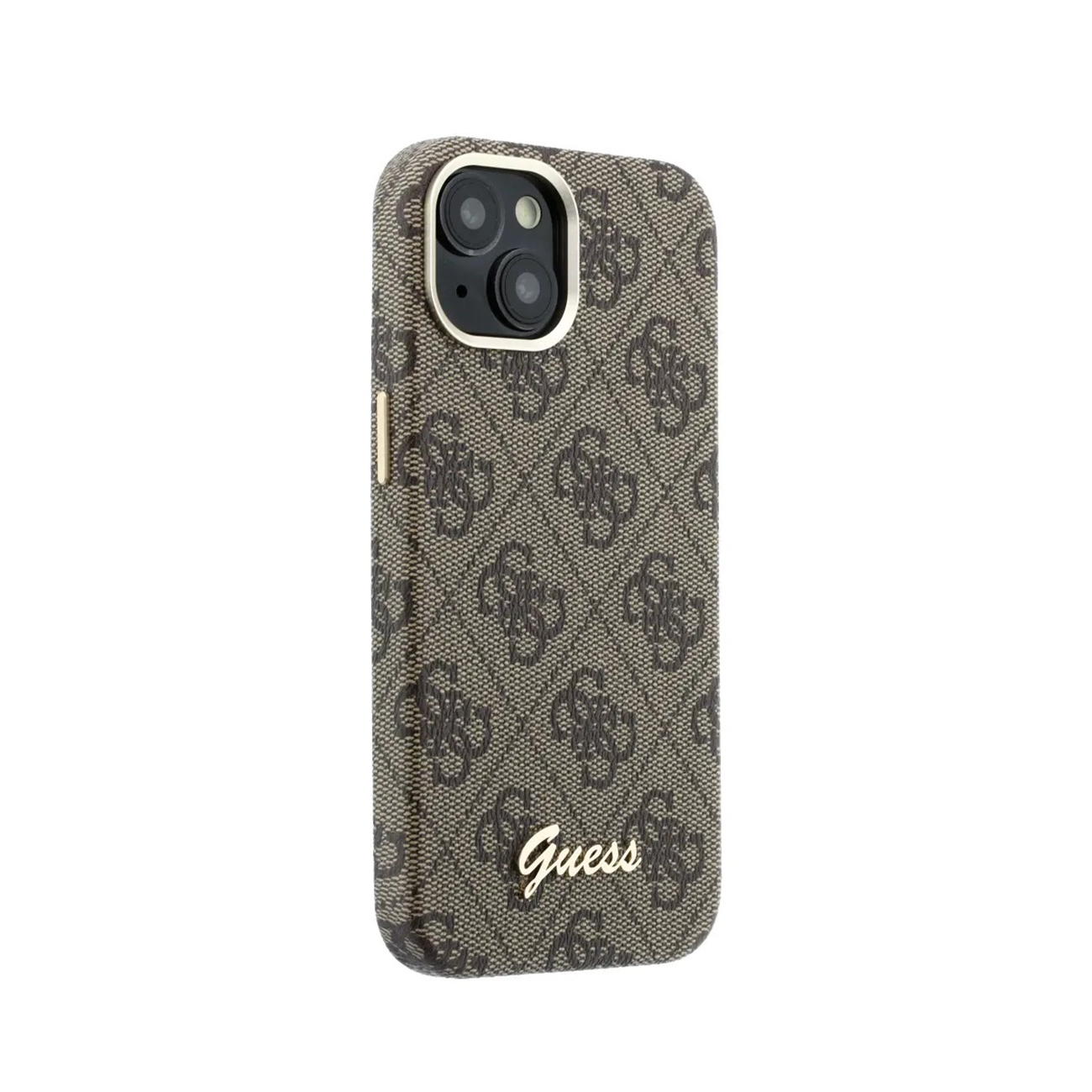 Una funda de teléfono Guess marrón con patrón de logo G repetido y letras doradas.