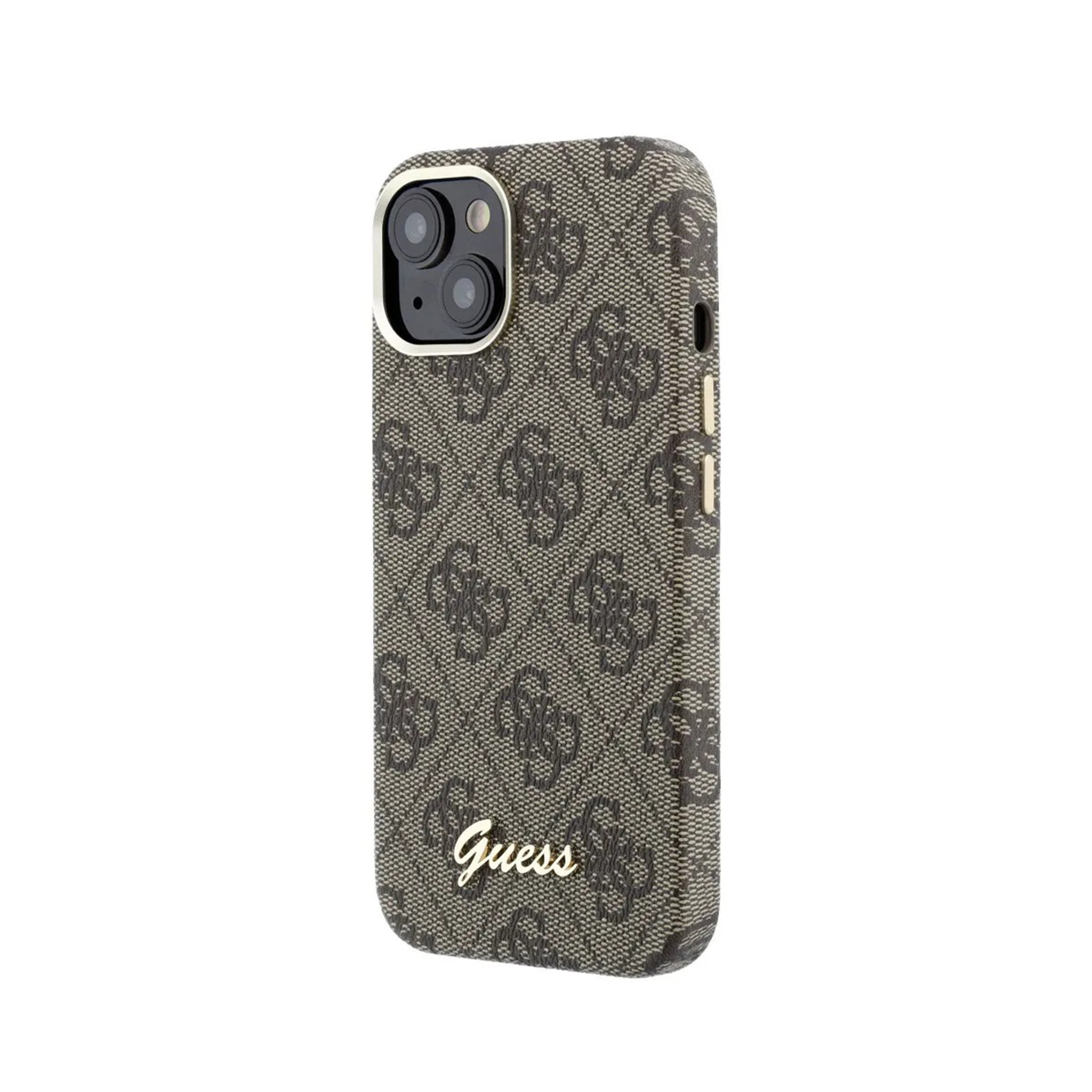 Funda de teléfono marrón con logo Guess y dos lentes de cámara.