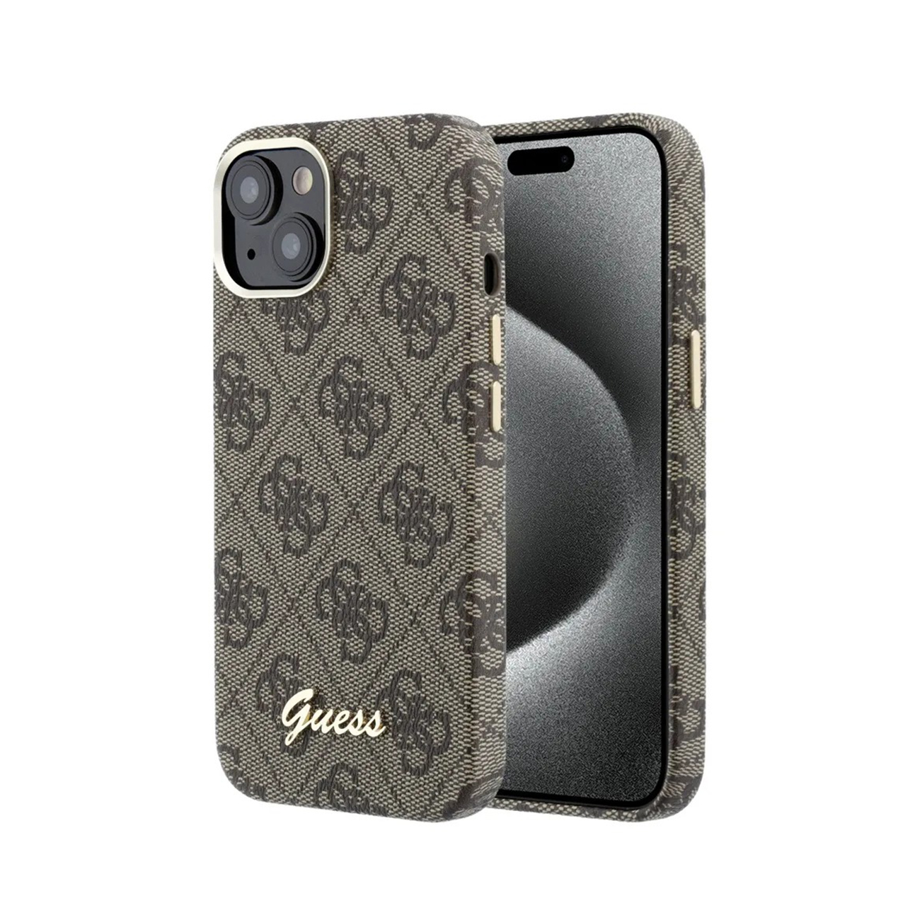 Funda de teléfono marrón con logo Guess y recorte de cámara sobre fondo blanco.