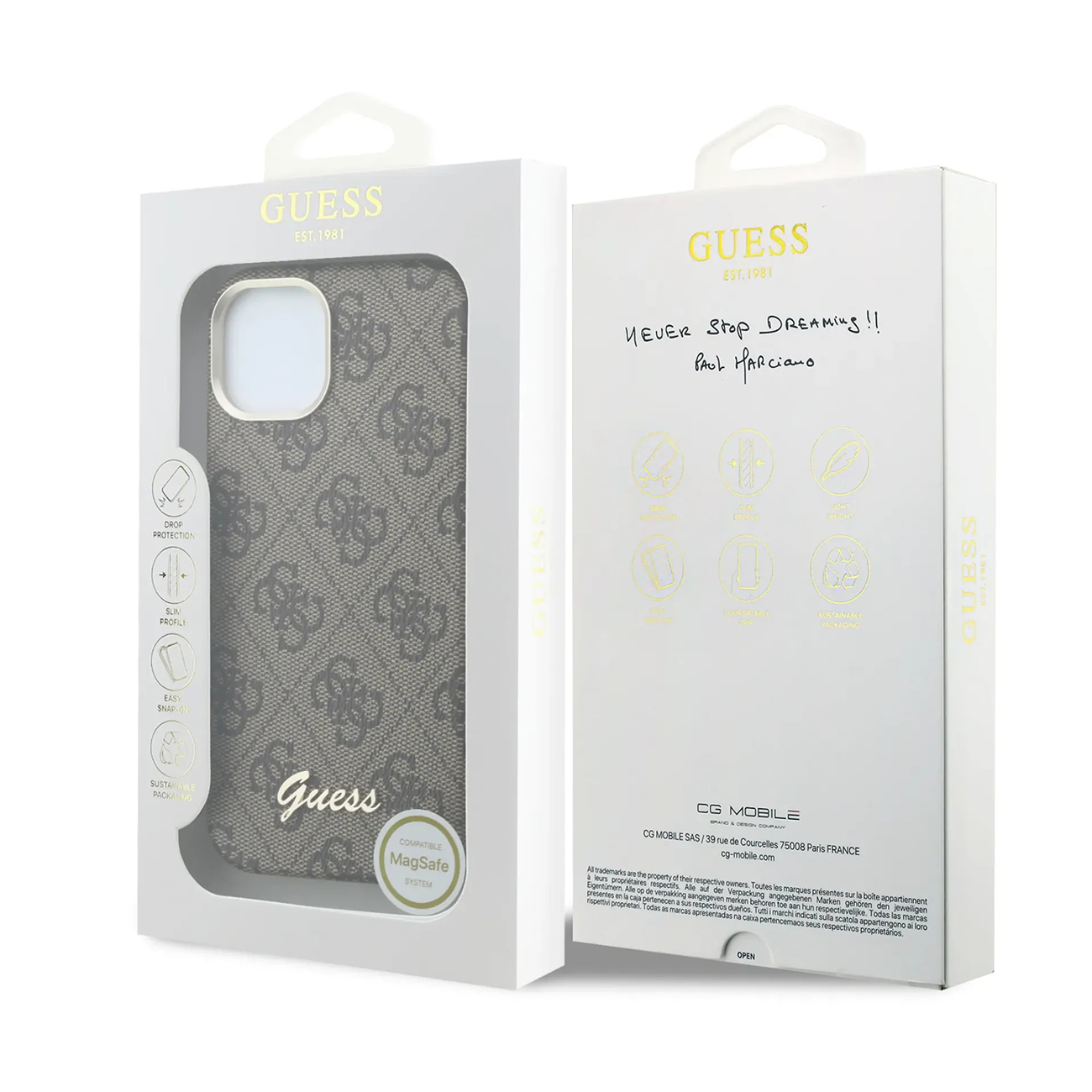Funda Guess gris con patrón de monograma y compatibilidad MagSafe.