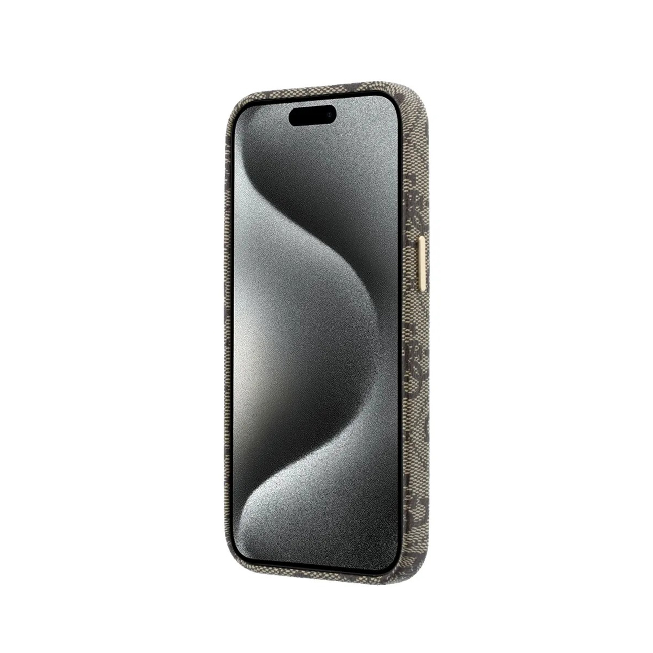 Un teléfono inteligente con una funda marrón estampada y pantalla oscura.