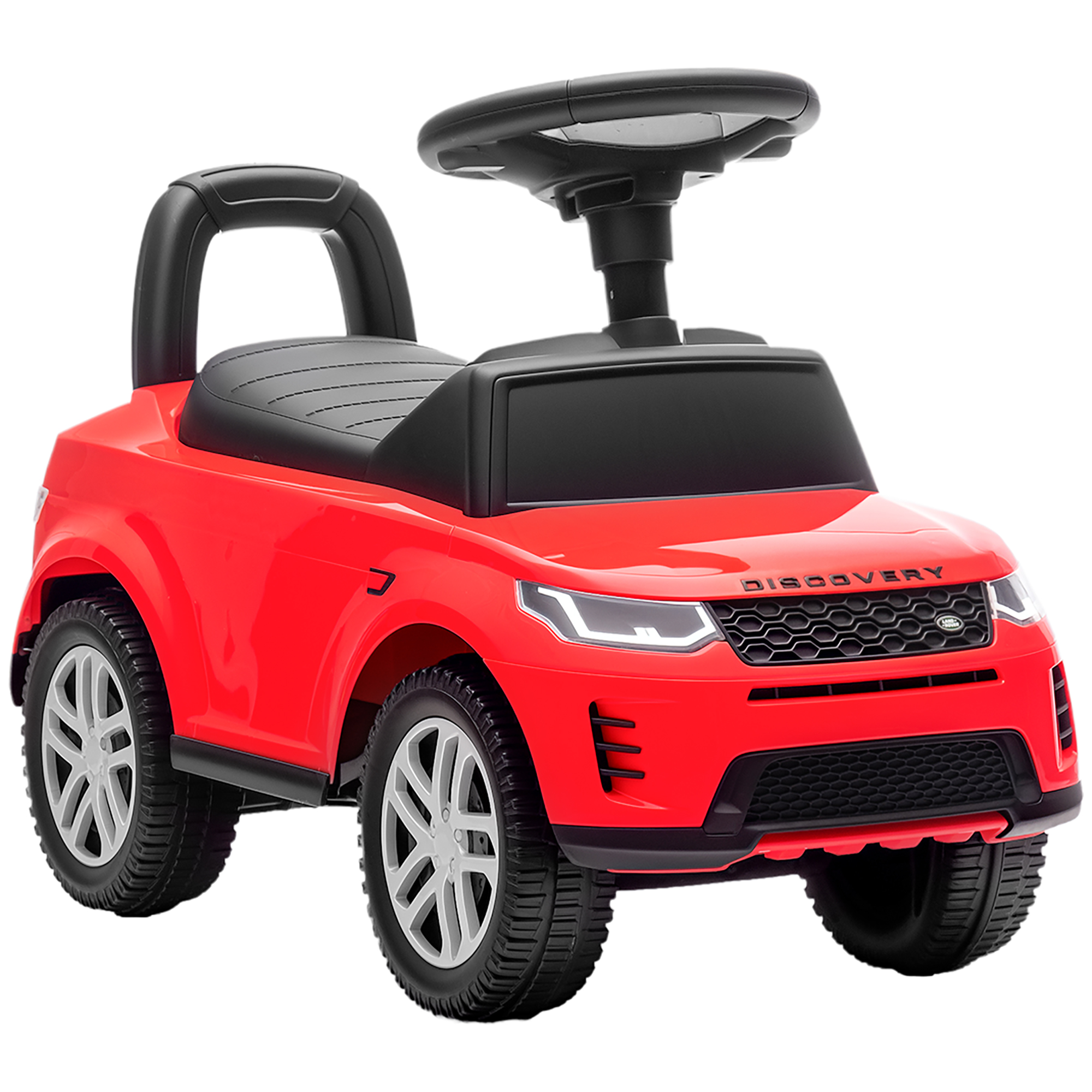 Un'auto giocattolo rossa con ruote nere, volante e sedile.