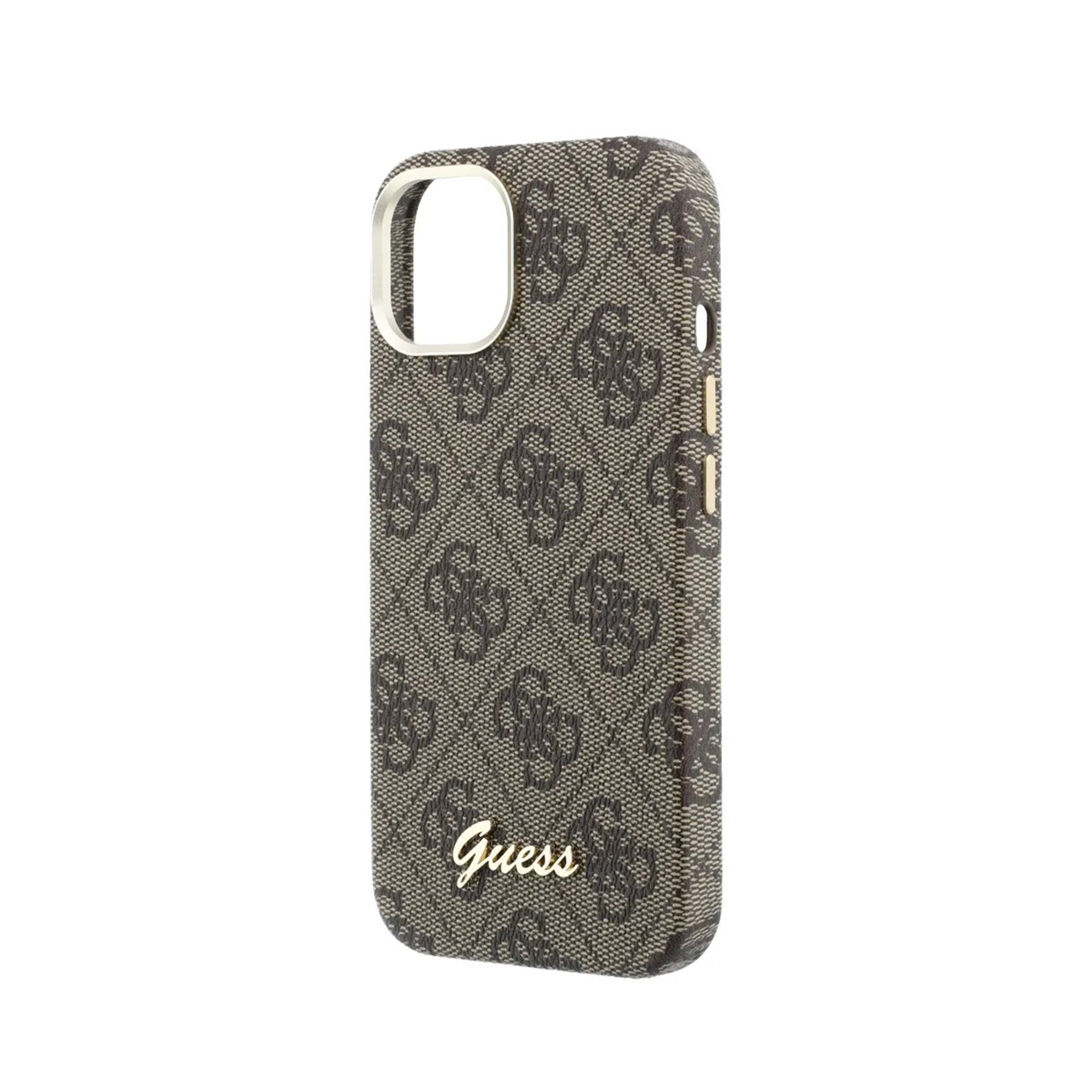 Una funda marrón Guess para teléfono con patrón repetitivo de logo G y texto dorado.