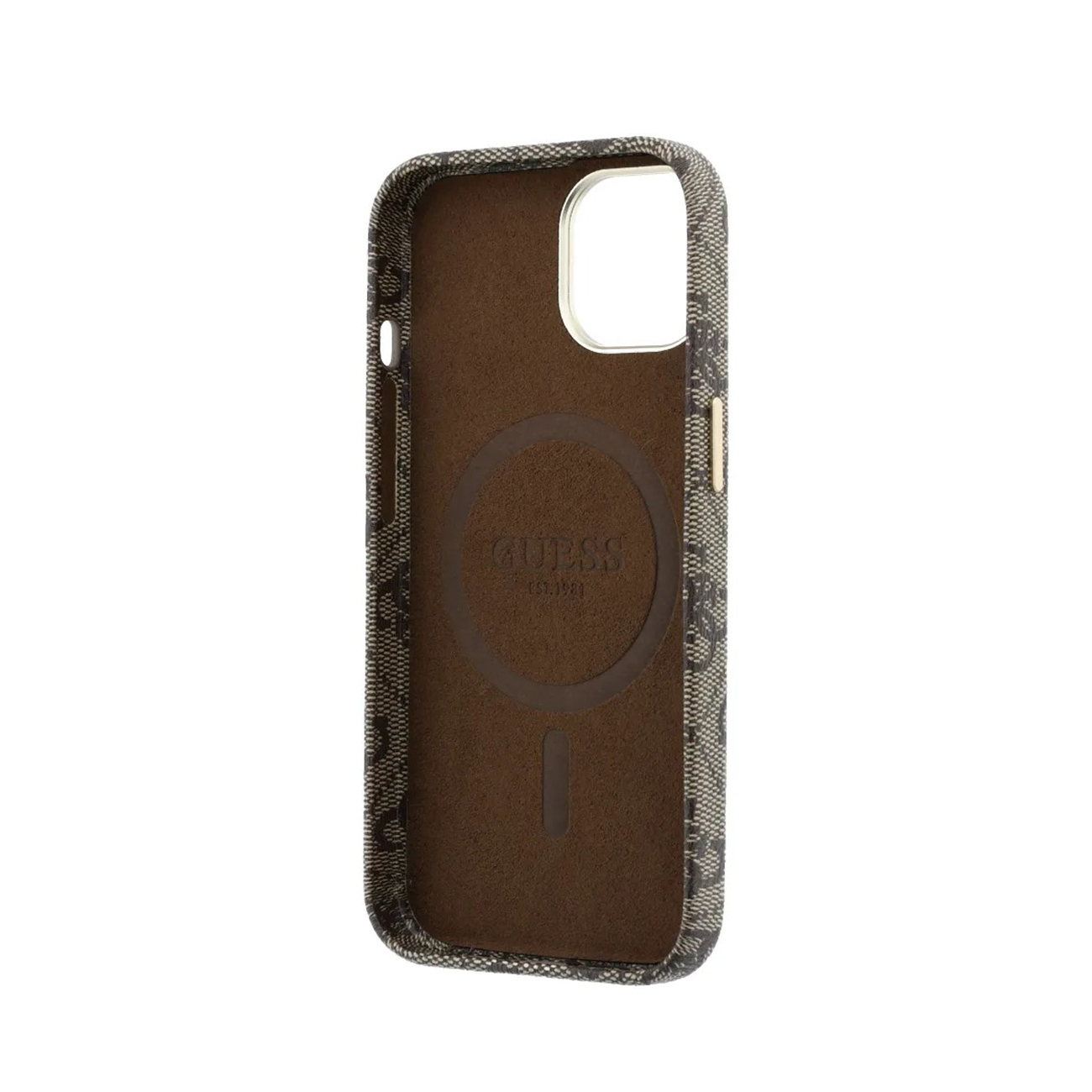 Funda de teléfono marrón con logo GUESS y anillo magnético, fondo blanco.