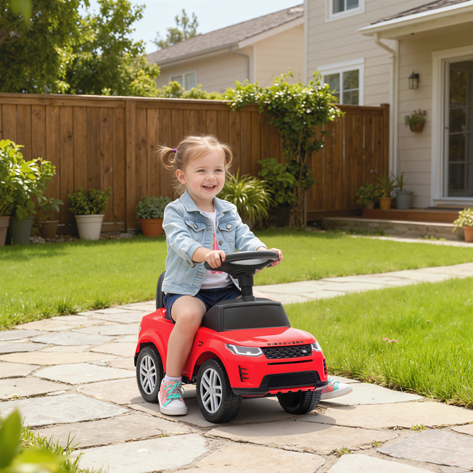 Una bambina guida un'auto giocattolo rossa su un patio di pietra in un cortile.