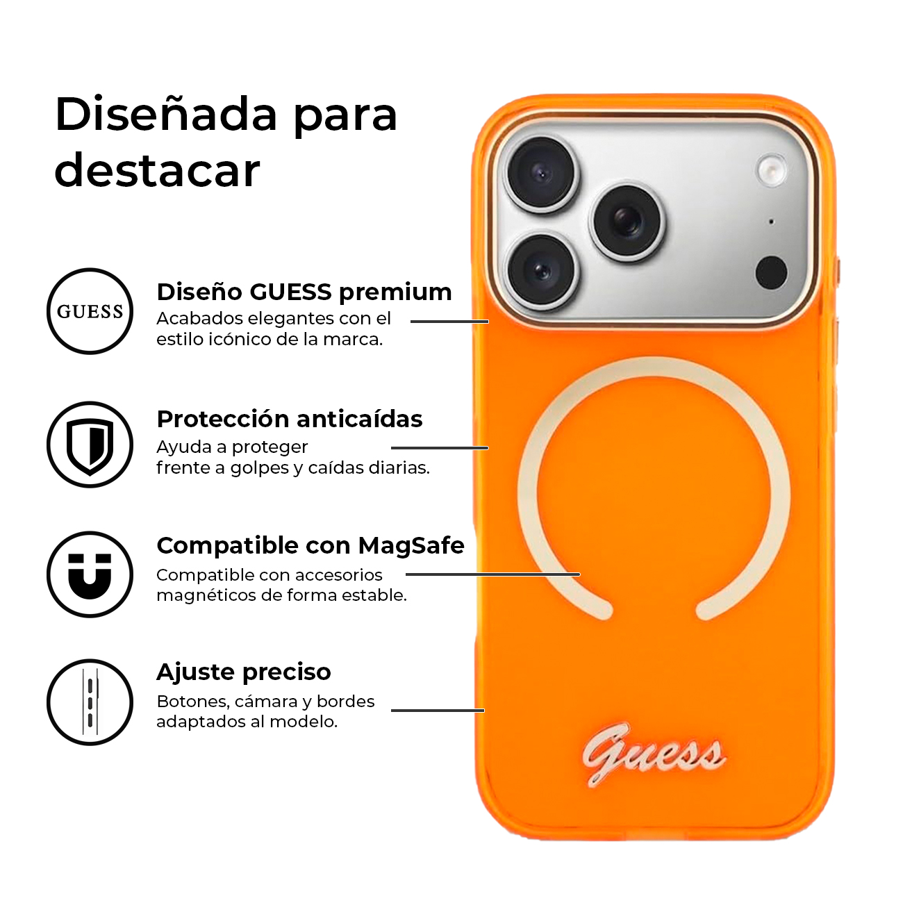 Funda naranja Guess para teléfono con recorte de cámara y círculo MagSafe.
