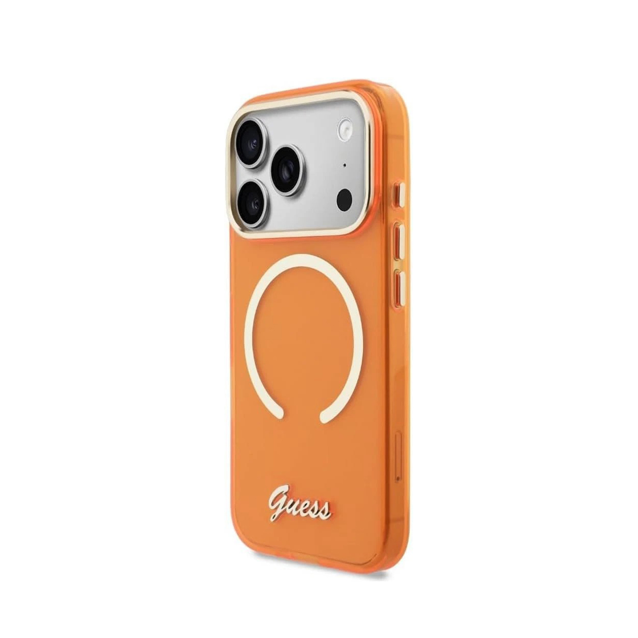 Una funda naranja transparente para teléfono con cámaras y logo "Guess".