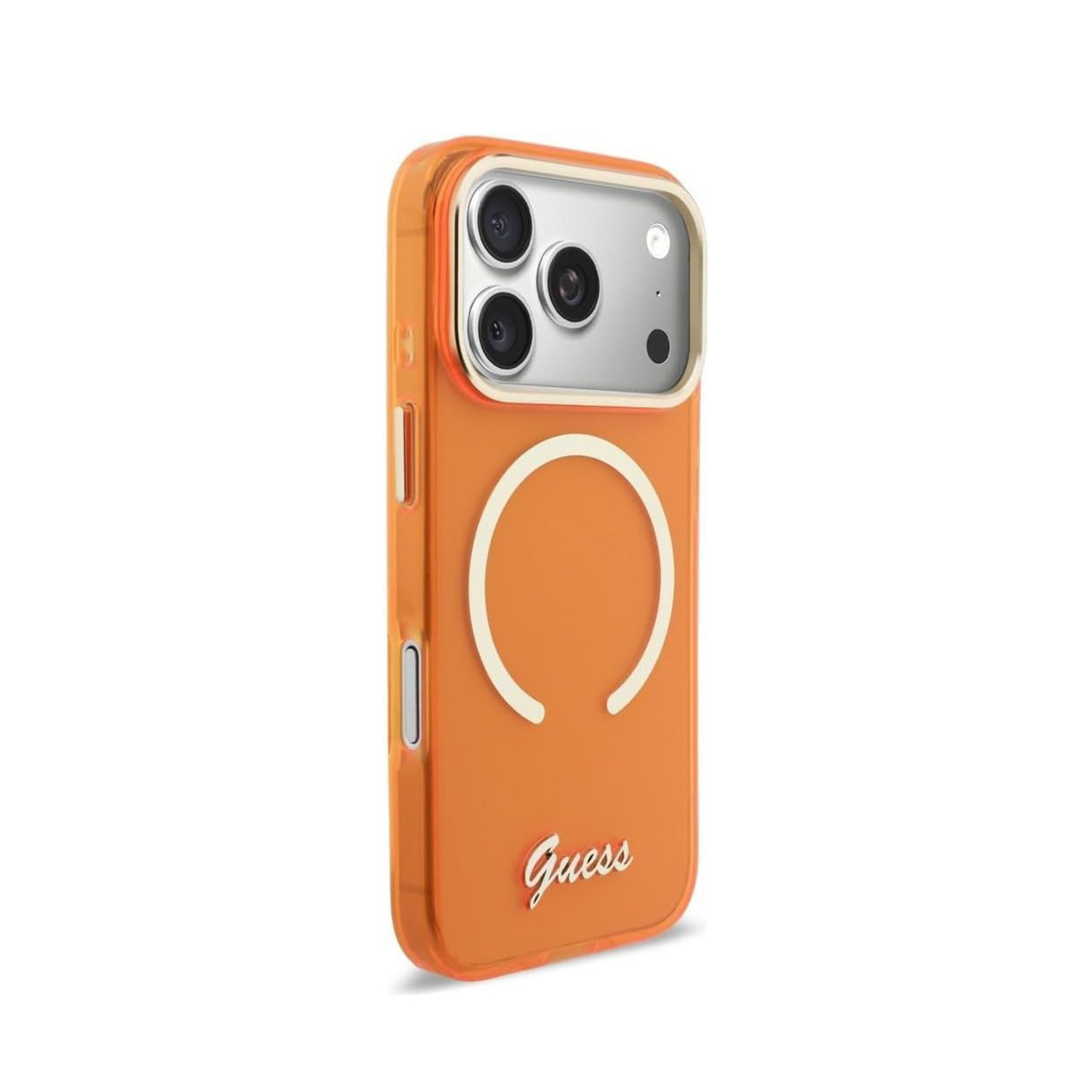 Funda naranja para teléfono con recorte de triple cámara y logo blanco Guess.