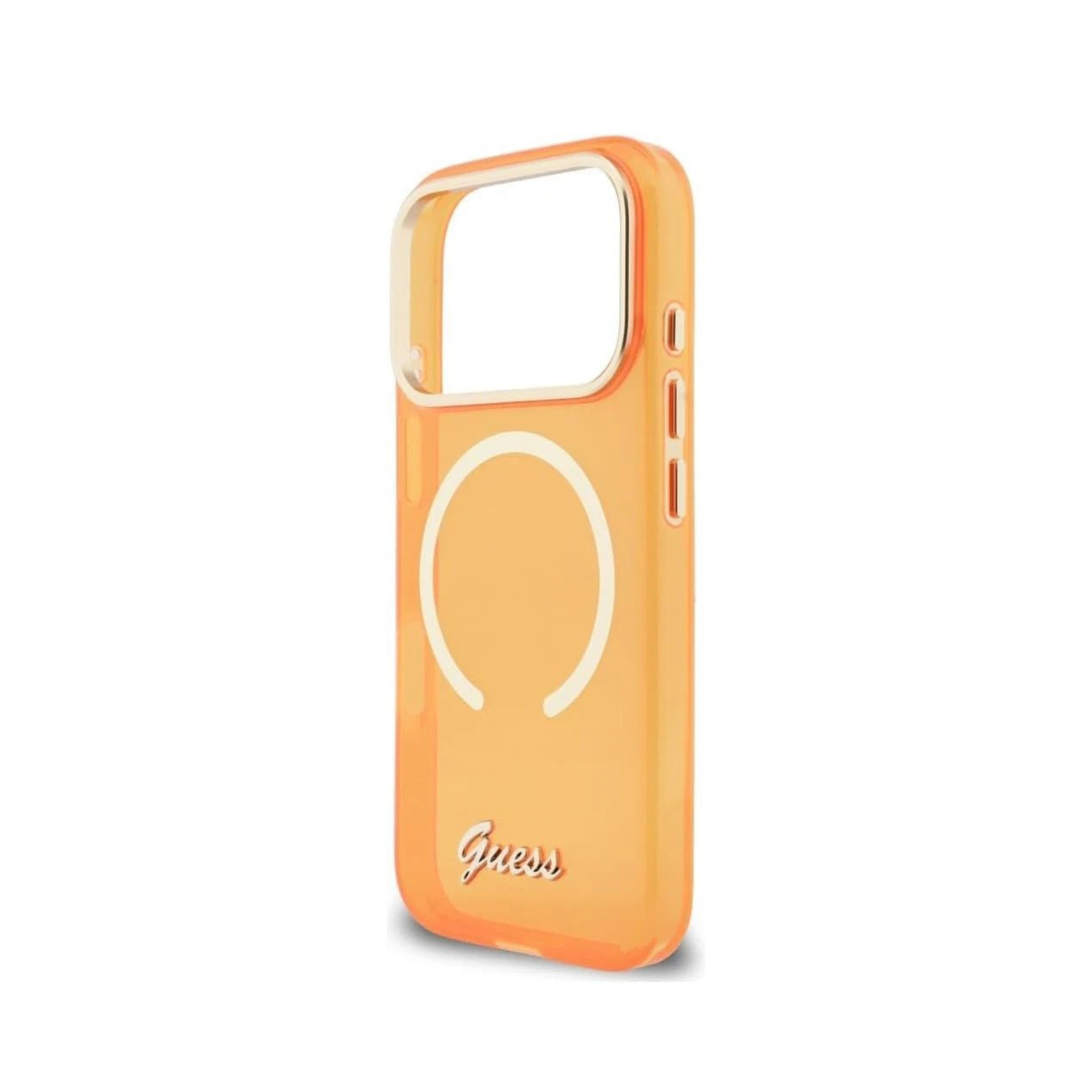 Funda naranja para teléfono con círculo blanco y logo Guess.