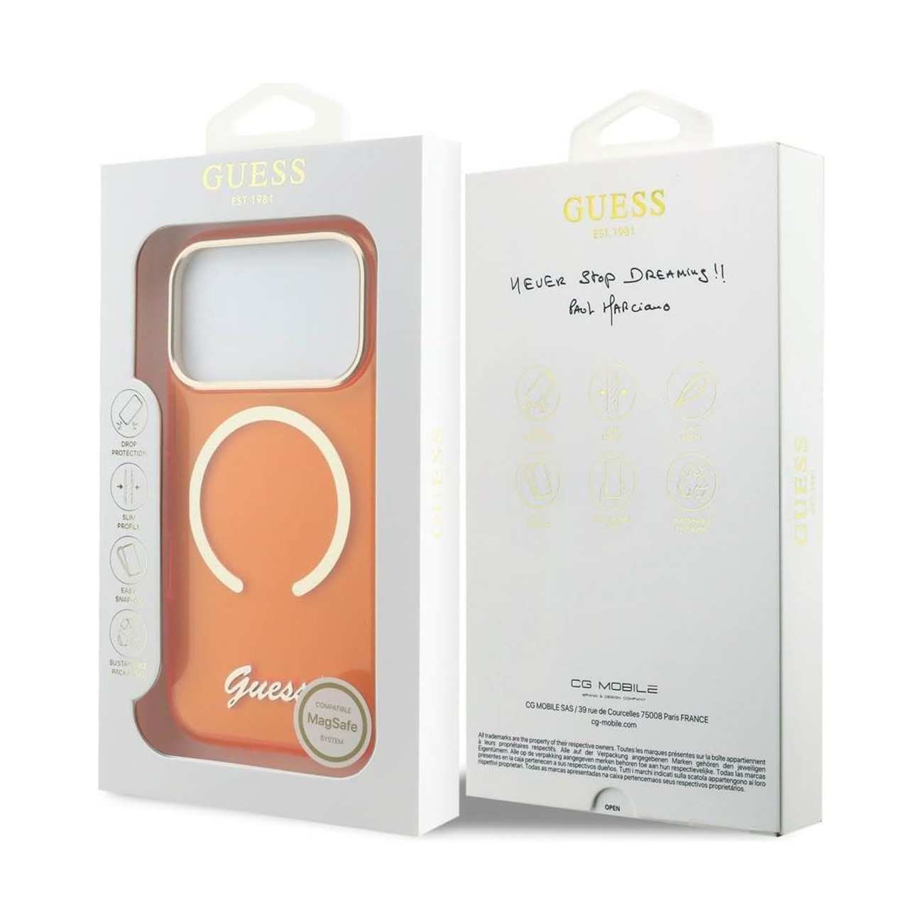 Funda naranja Guess con compatibilidad MagSafe en embalaje blanco.