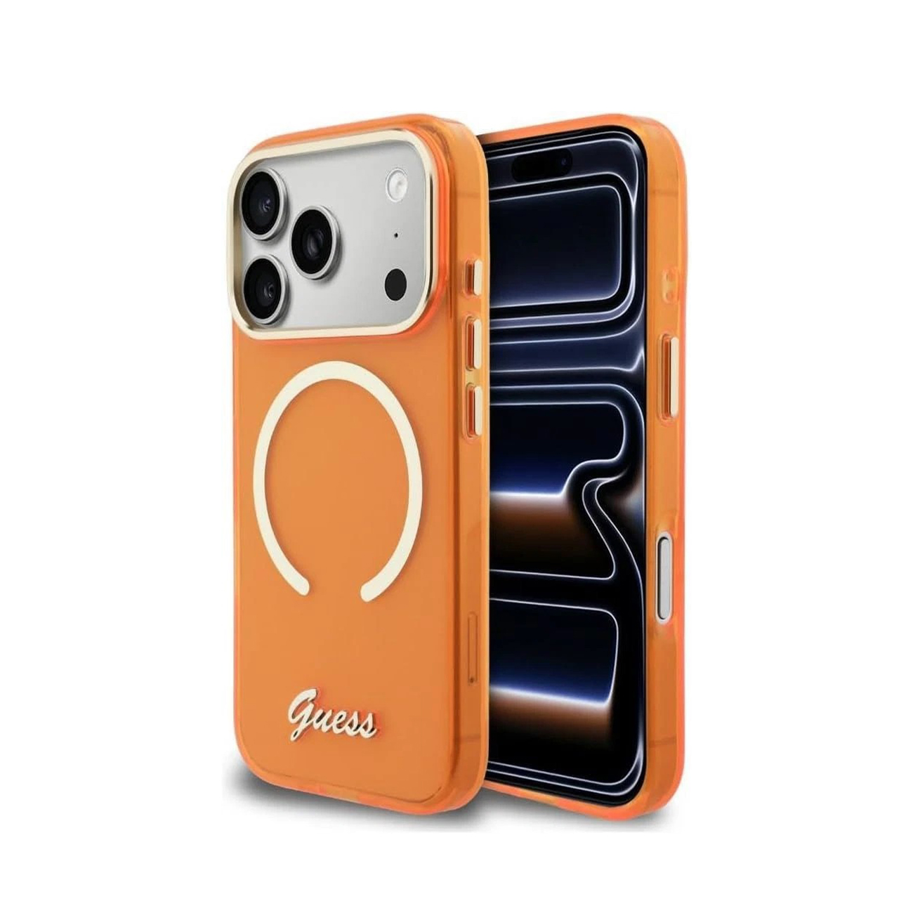 Una funda de teléfono naranja con logo Guess y anillo magnético.