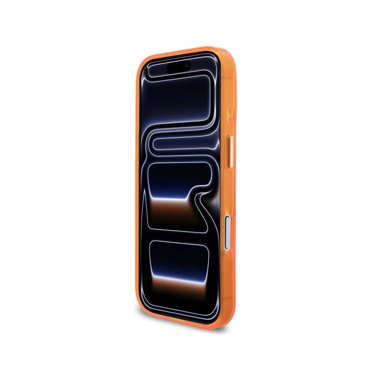 Funda de teléfono naranja con pantalla oscura que muestra un patrón abstracto brillante.