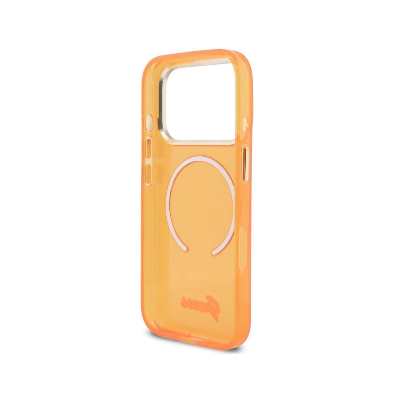 Una funda de teléfono naranja transparente con un círculo y logo blancos.