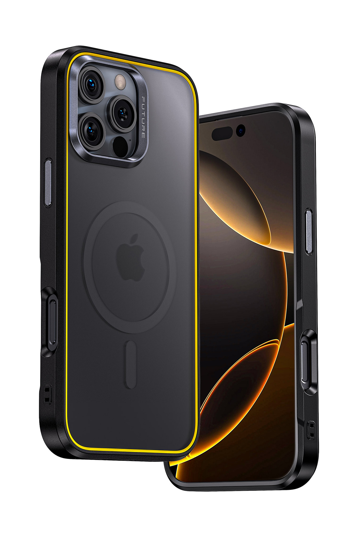 Sarı kenarlı, kameralı ve Apple logolu siyah telefon kılıfı.
