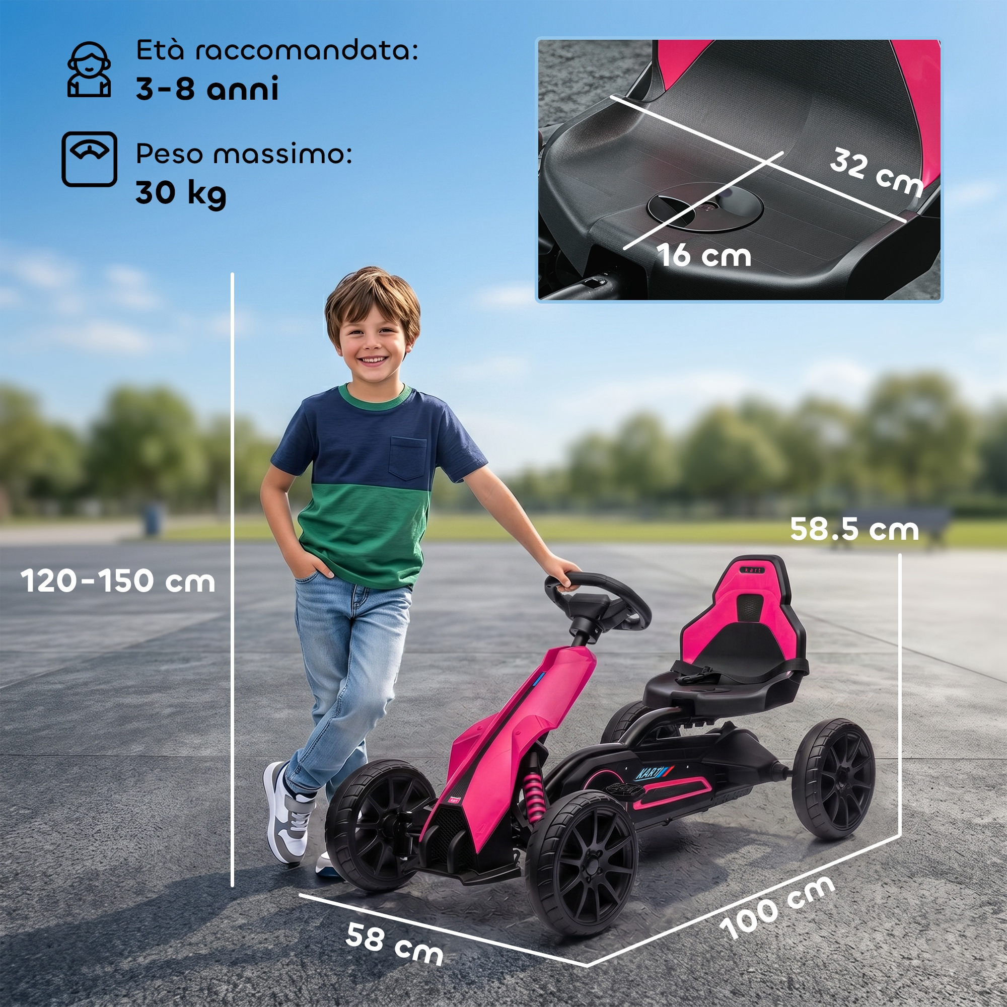 Un bambino vicino a un go-kart rosa. Età 3-8 anni, peso 30 kg. Dimensioni.