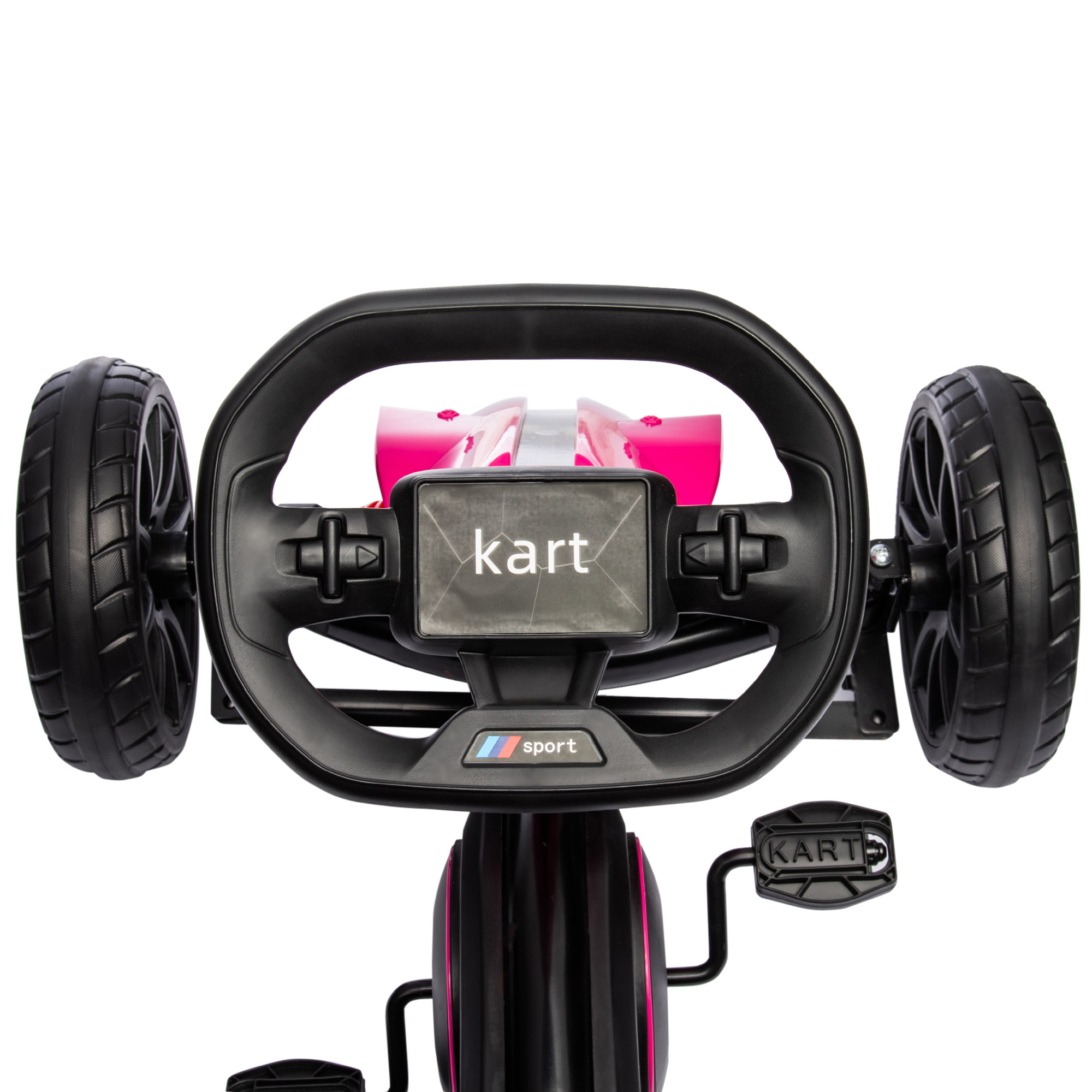 Un go-kart giocattolo nero con volante, ruote e scritta 'kart'.