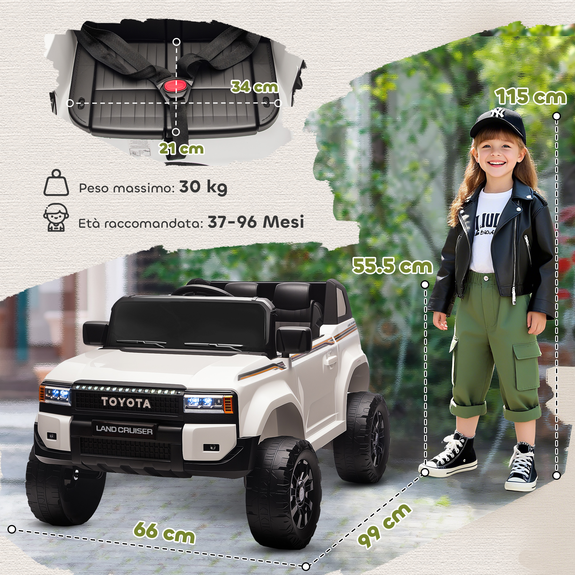 Una Land Cruiser giocattolo bianca con una bambina accanto. Sono indicate le dimensioni.