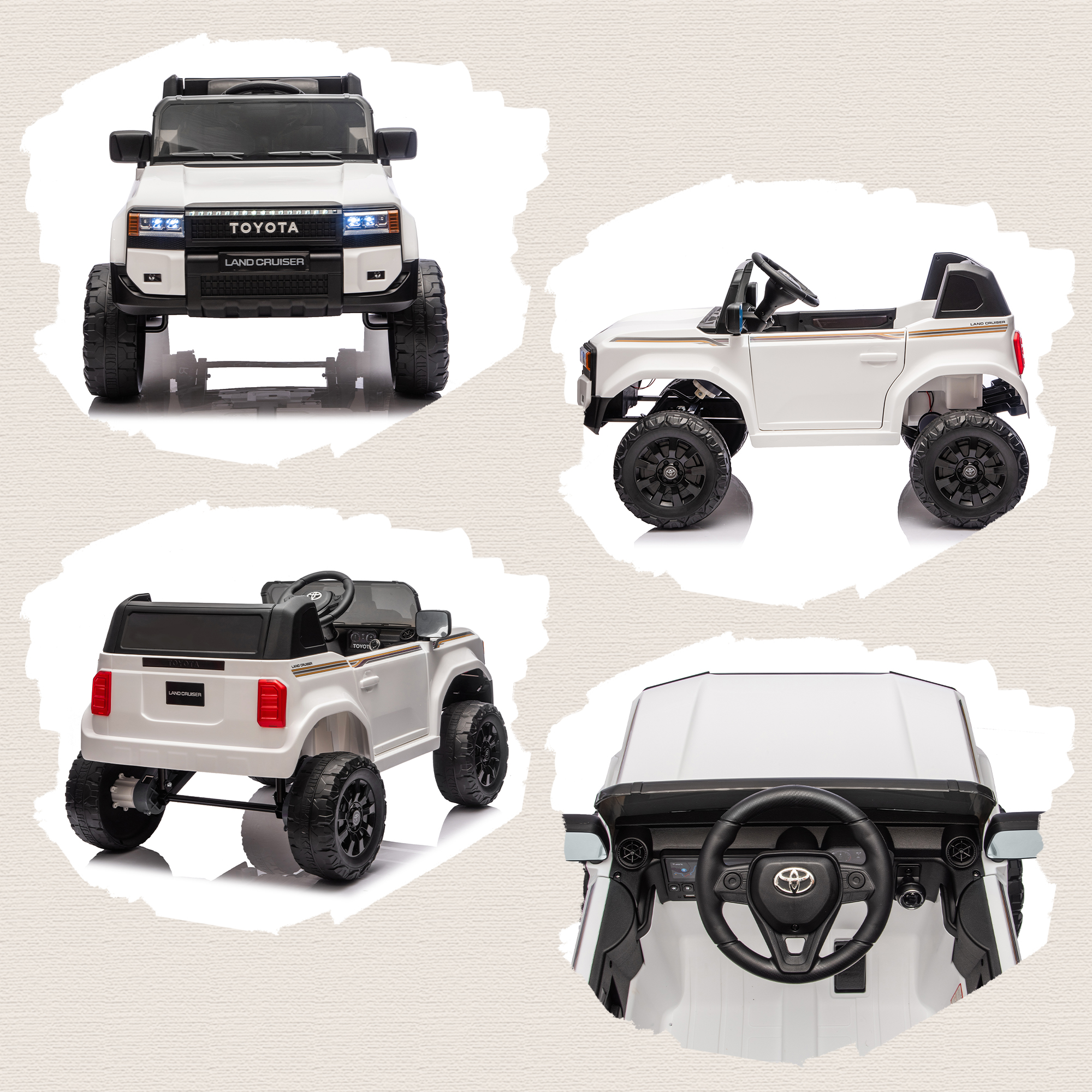 Una Toyota Land Cruiser bianca da cavalcabile con ruote e finiture nere. Viste frontale, laterale e posteriore.