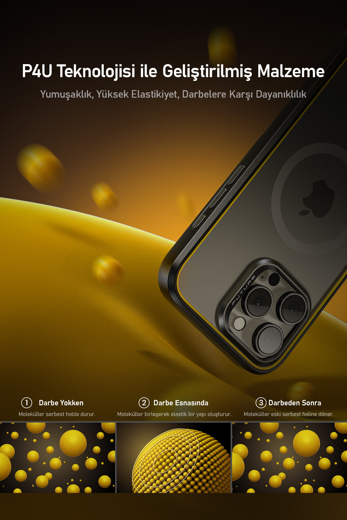 Sarı arka plan üzerinde molekül animasyonlu P4U teknolojili akıllı telefon kılıfı.