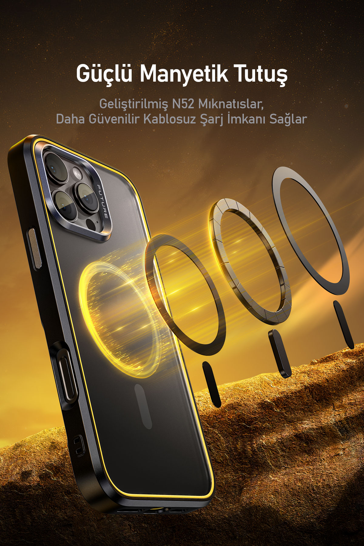 Siyah telefon, manyetik halka ve sarı ışık efektleri ile kayalık zeminde.