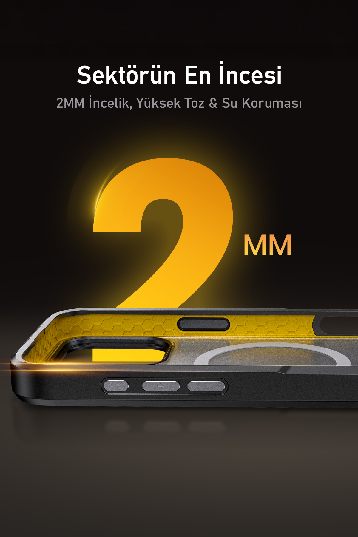 Sarı vurgulara ve 2 mm sayıya sahip siyah telefon kılıfı.
