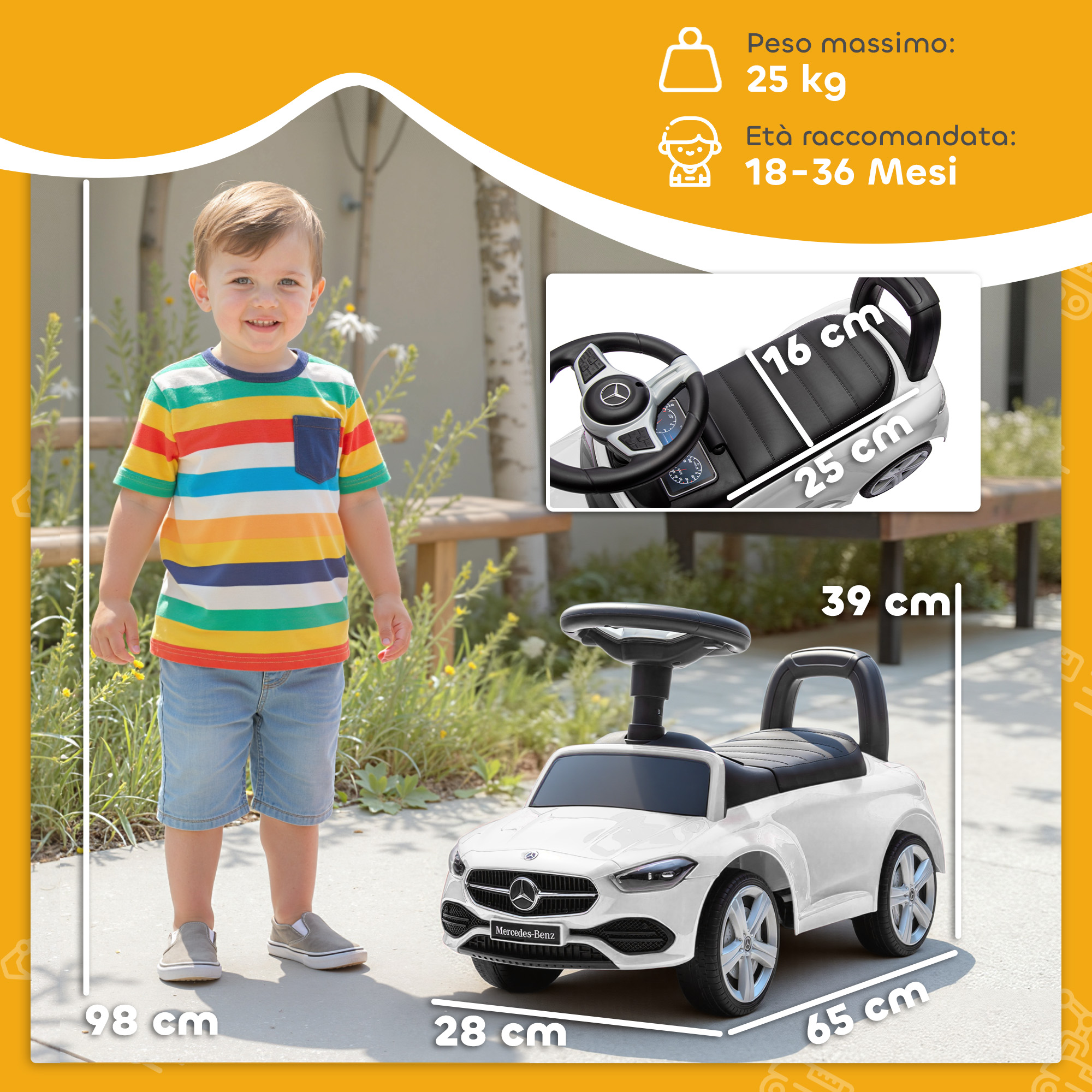 Un bambino è accanto a un'auto cavalcabile bianca Mercedes-Benz. Sono mostrate le dimensioni.