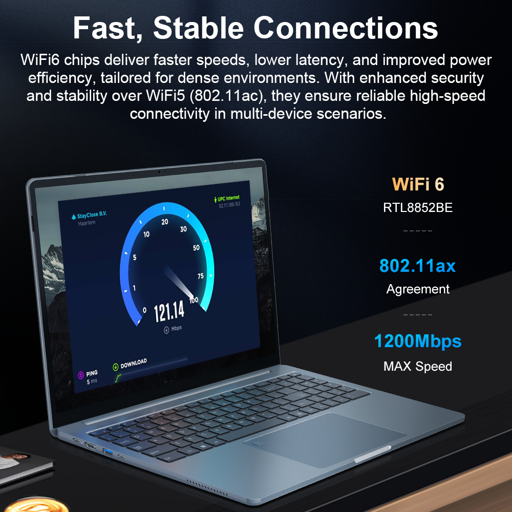 Un portátil muestra una prueba de velocidad de 121,14 Mbps. Se destacan WiFi 6 y 802.11ax.