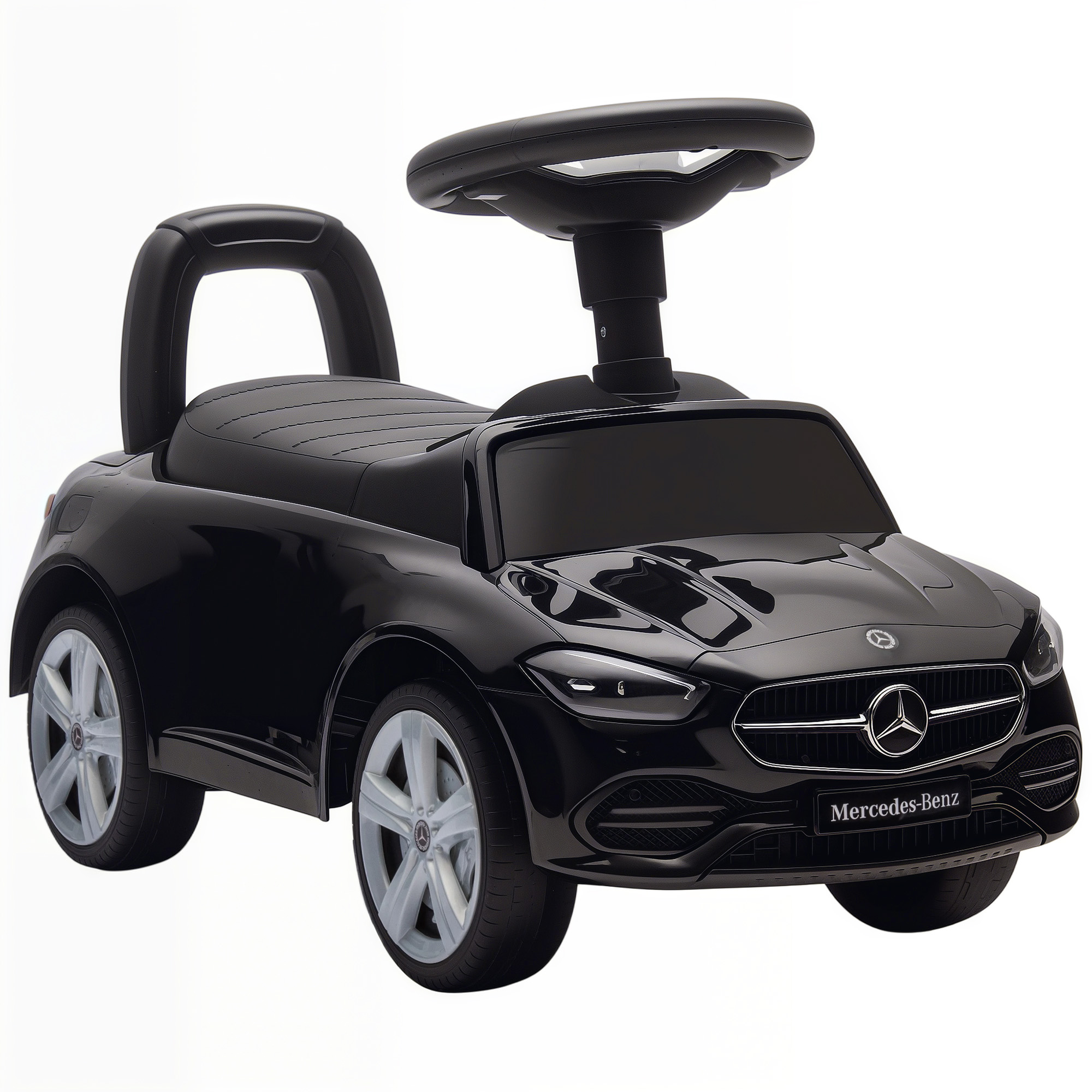 Macchinina nera stile Mercedes-Benz con volante e sedile.