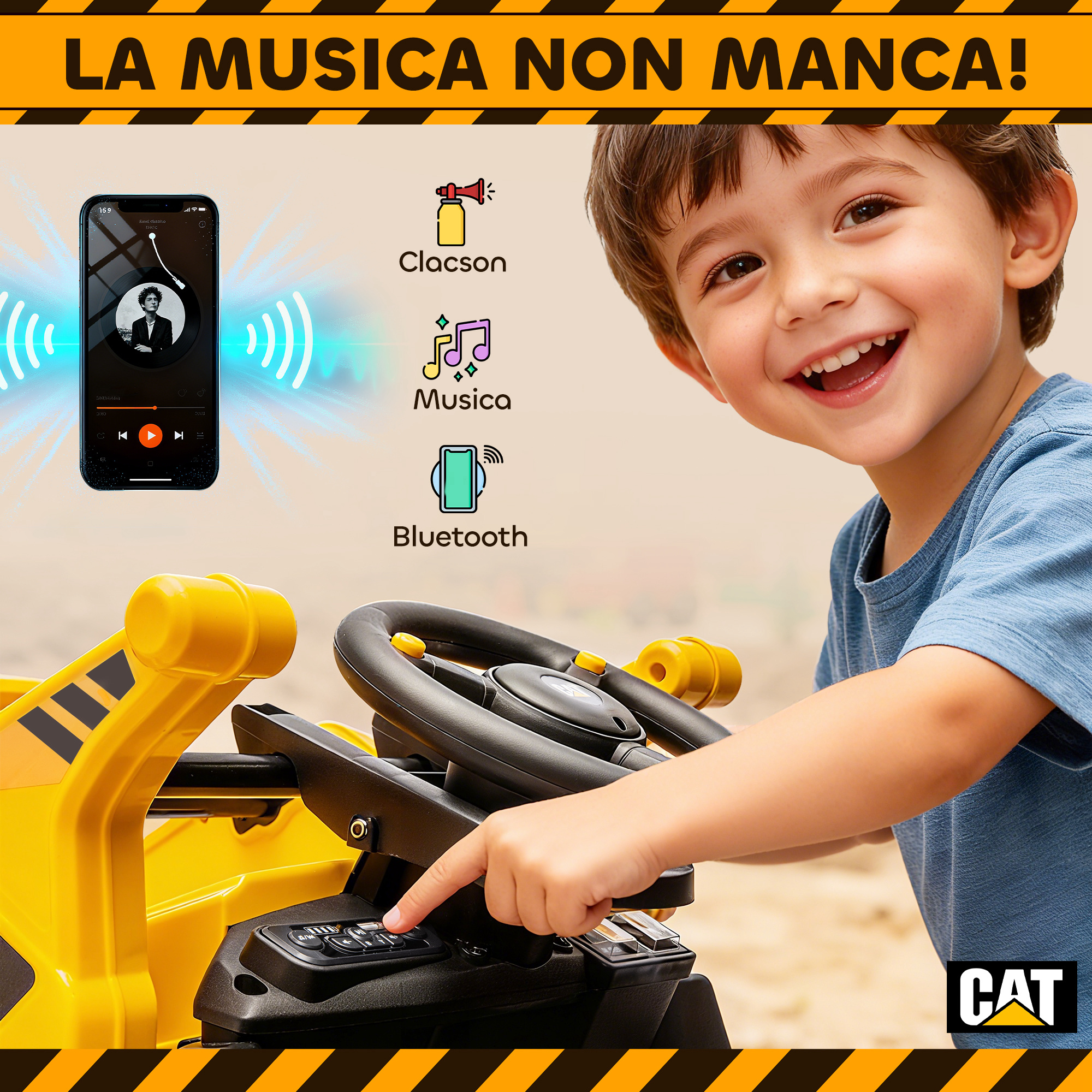 Un bambino gioca con un escavatore giocattolo giallo collegato a un telefono.