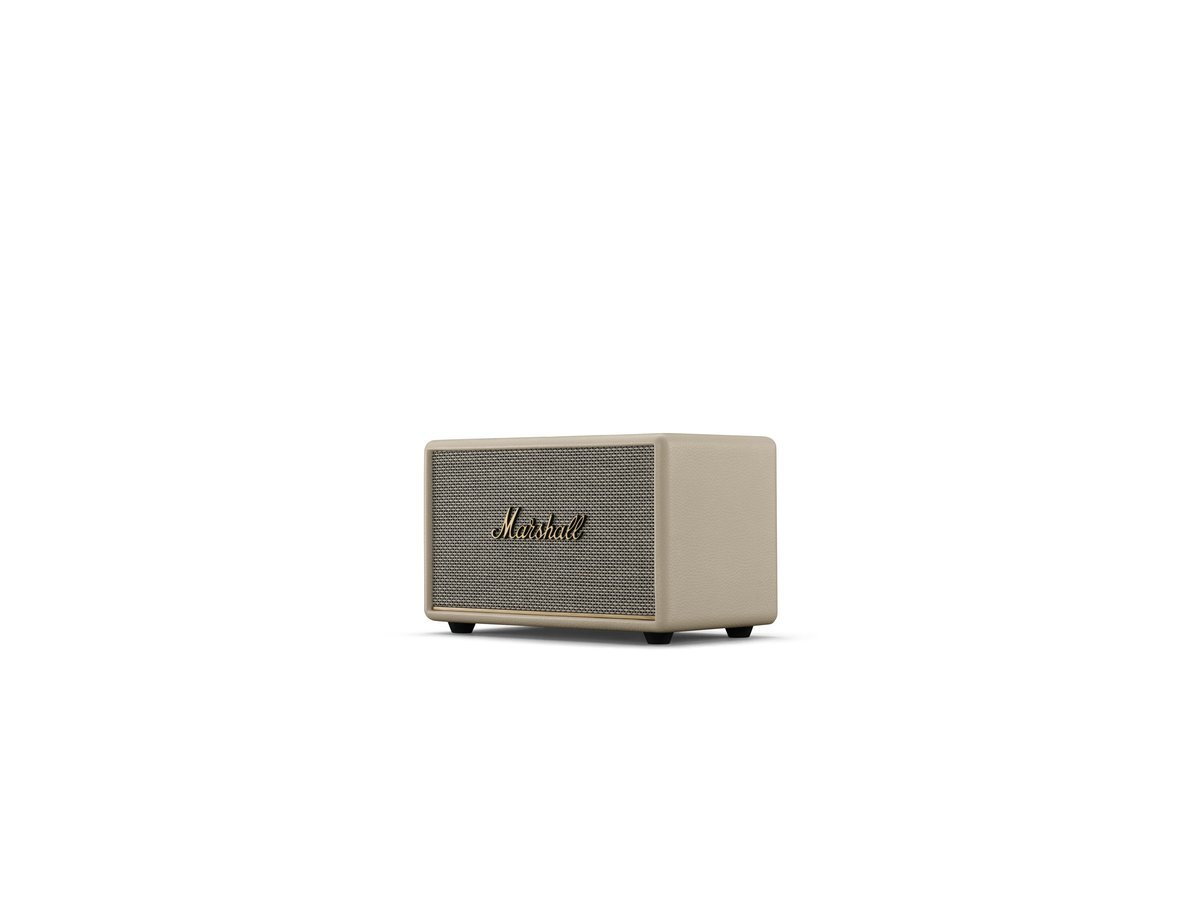 Un altavoz Marshall beige con rejilla gris y logo de Marshall.
