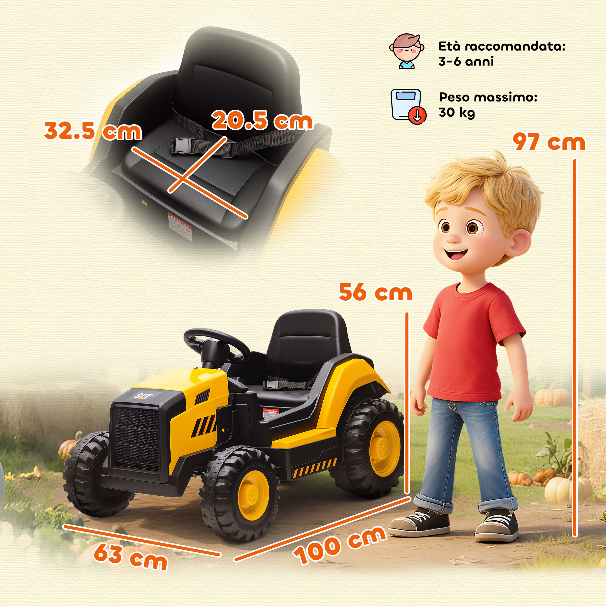 Un trattore giocattolo giallo e nero con un bambino accanto. Dimensioni indicate.