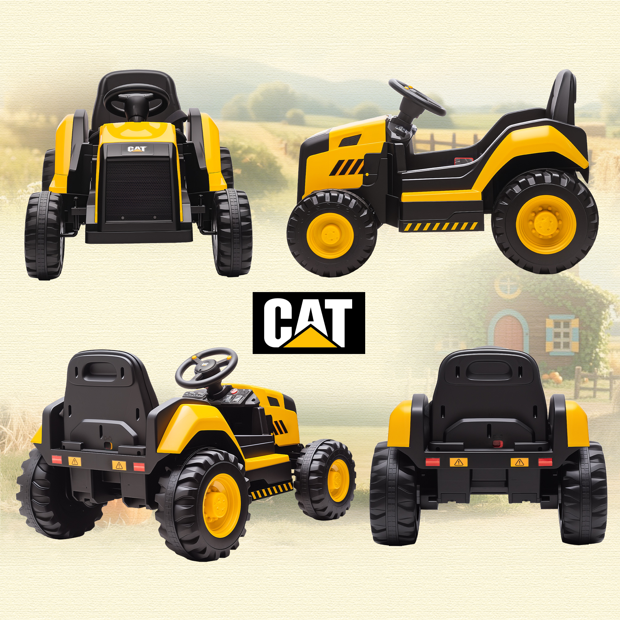 Trattore CAT giallo e nero per bambini, mostrato da più angolazioni.