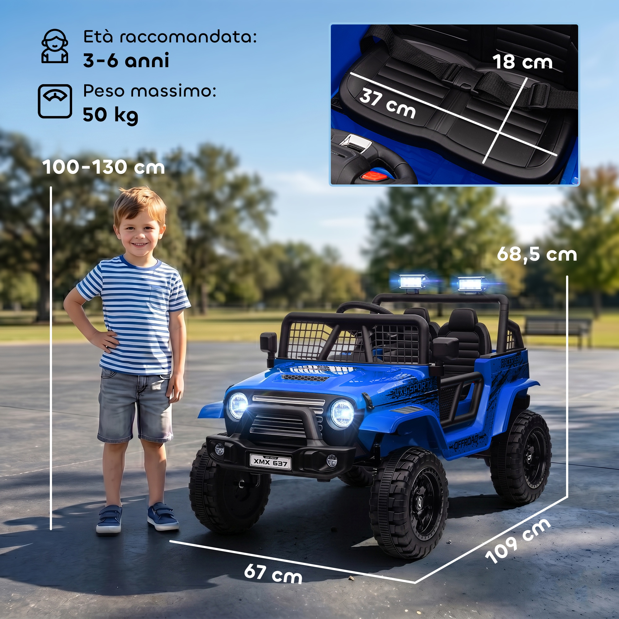 Un Jeep elettrico blu con un bambino accanto. Dimensioni e età consigliata mostrate.
