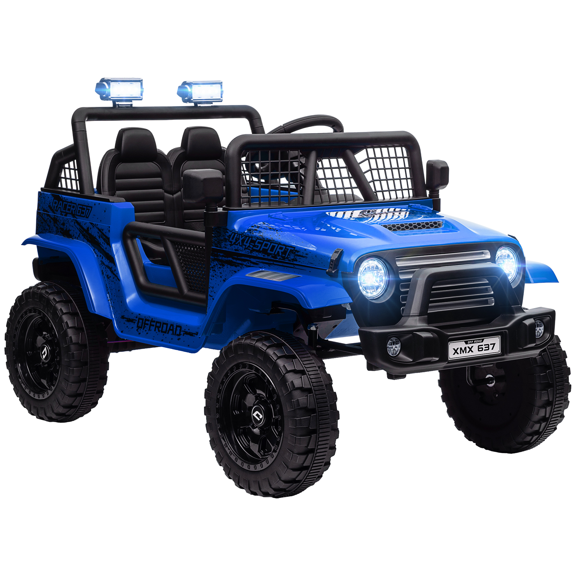 Una jeep elettrica giocattolo blu con sedili e luci nere.