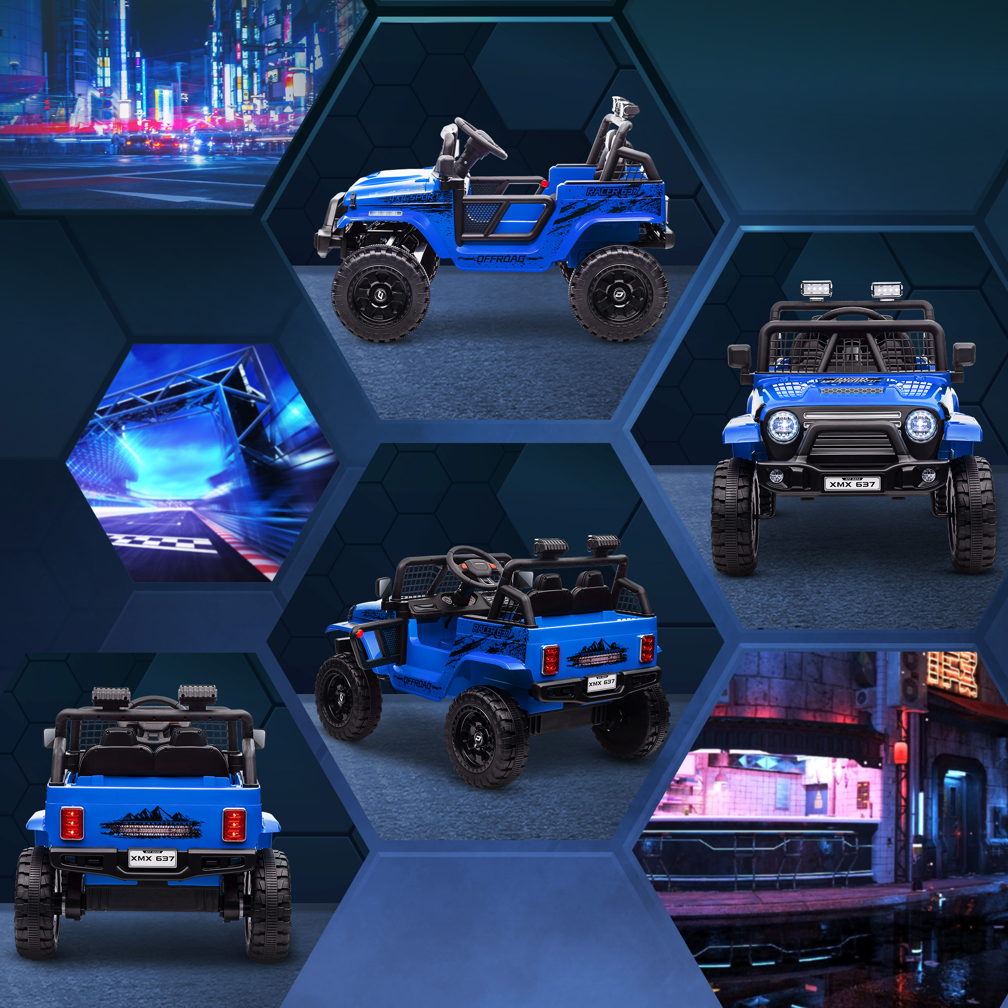 Una jeep elettrica blu per bambini con ruote grandi e luci.