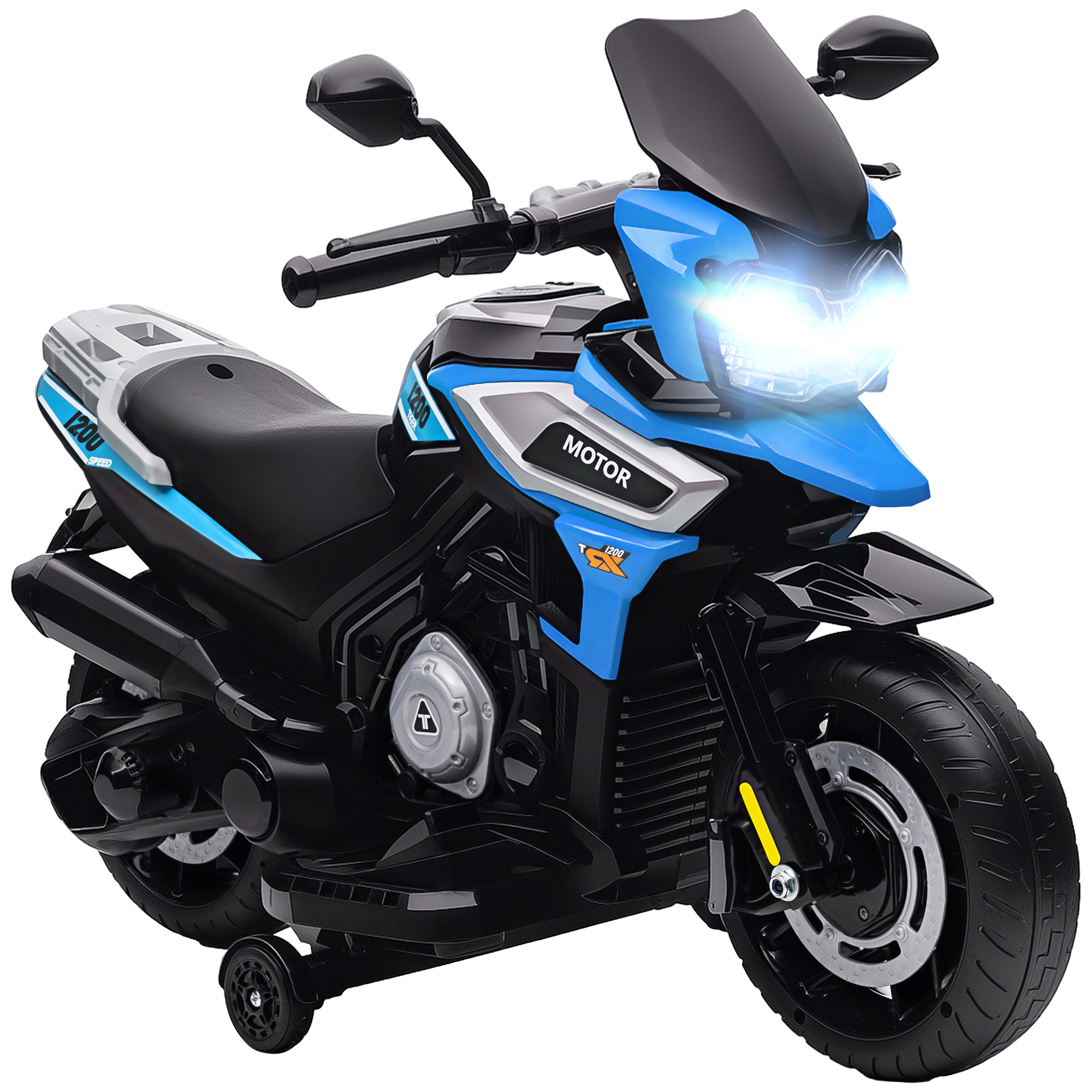 Una moto giocattolo blu e nera con luci accese. Ha le rotelle stabilizzatrici.
