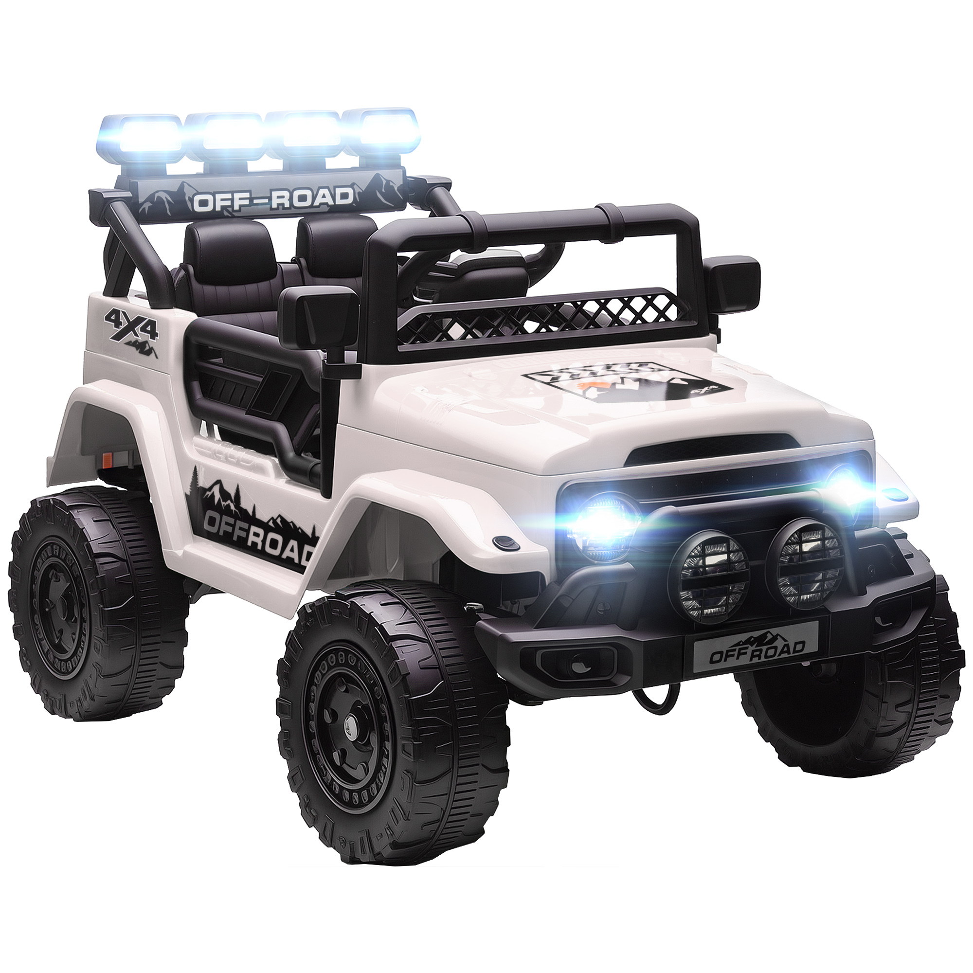 Jeep giocattolo bianco 4x4 fuoristrada con luci e ruote grandi.