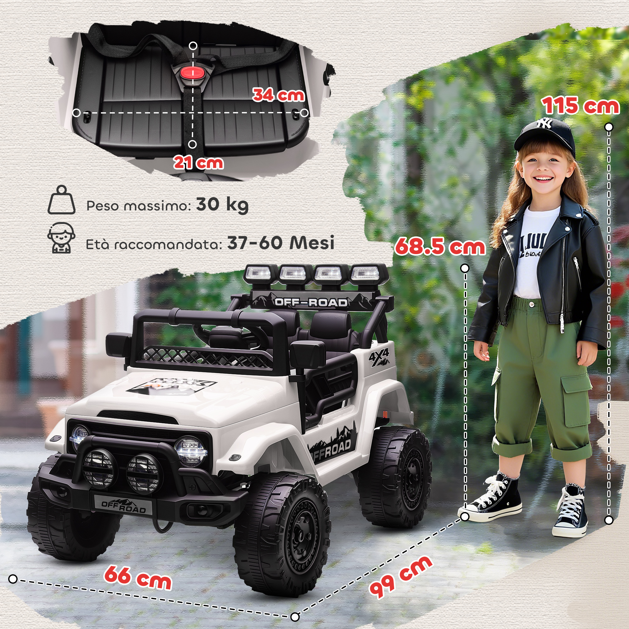 Un jeep elettrico giocattolo bianco con un bambino accanto, che mostra le dimensioni.