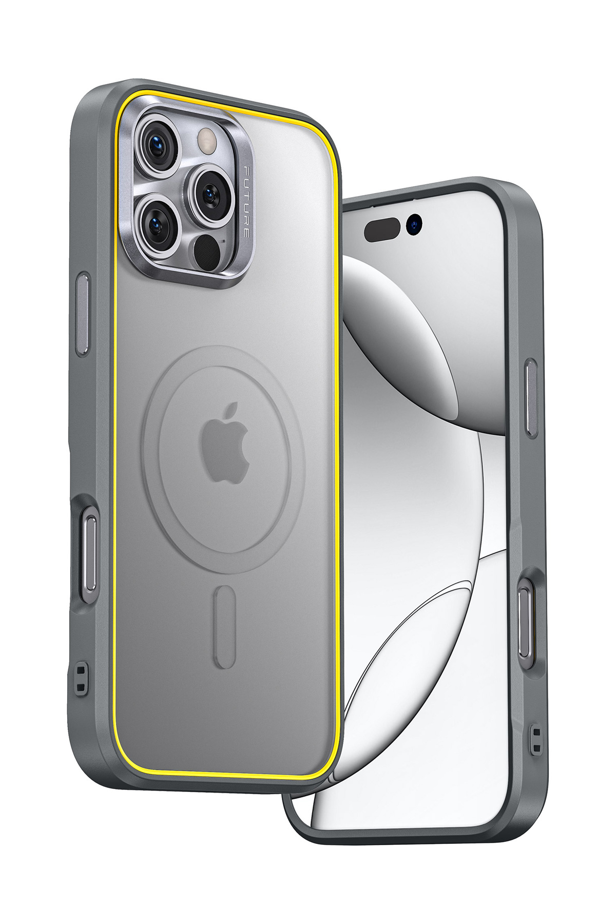 Sarı kenarlıklı gri telefon kılıfı, kamera ve Apple logosunu gösteriyor.