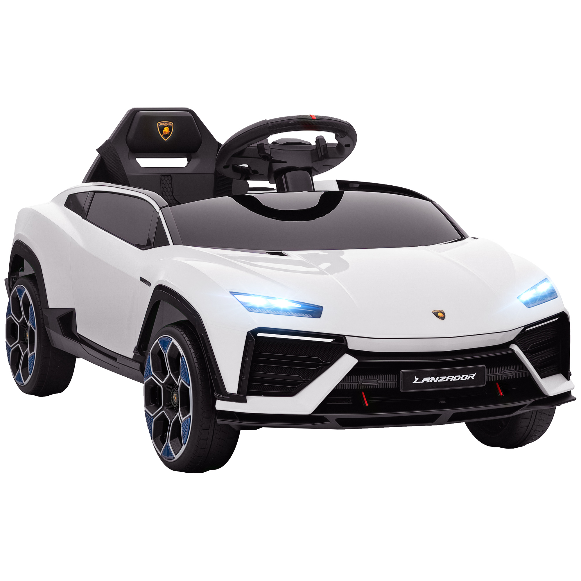 Un'auto giocattolo bianca stile Lamborghini con ruote blu e fari illuminati.