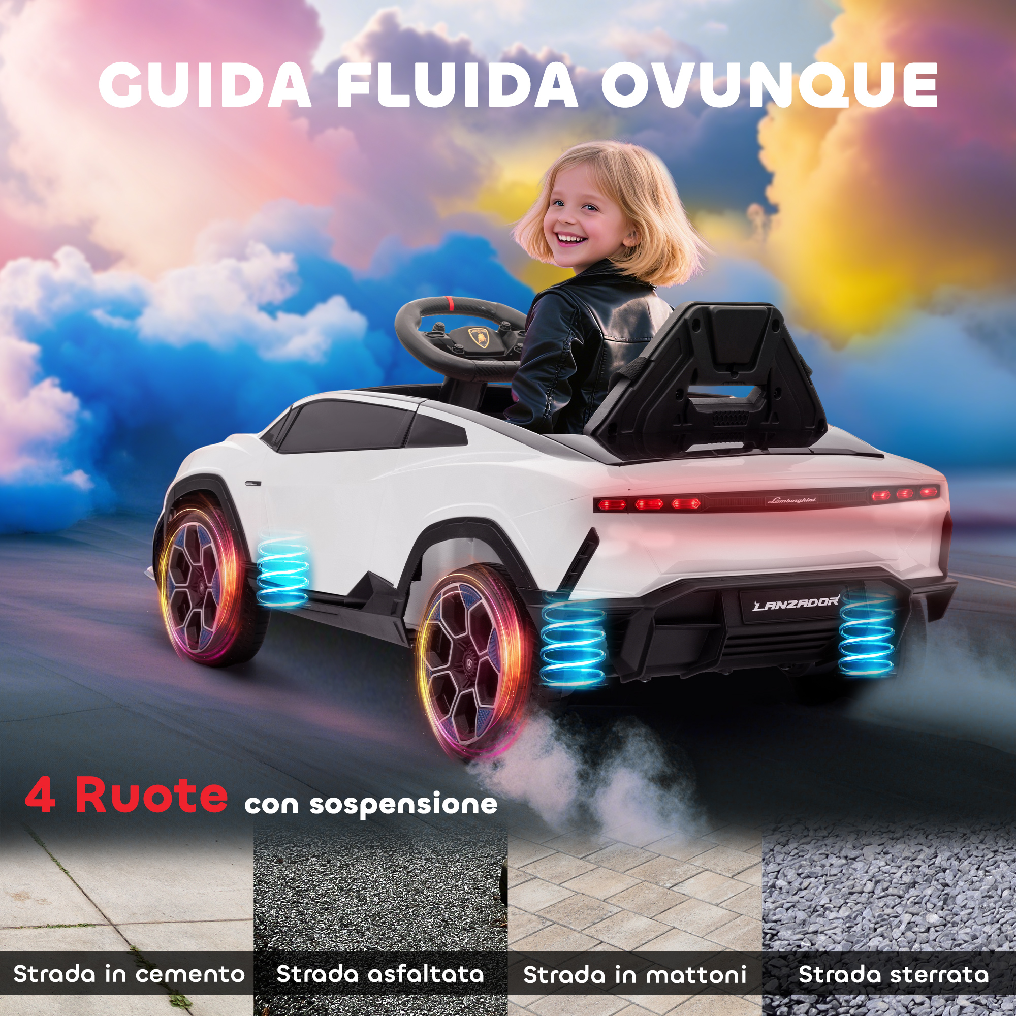 Una macchina elettrica bianca per bambini con una bambina sorridente attraversa un surreale paesaggio nuvoloso.
